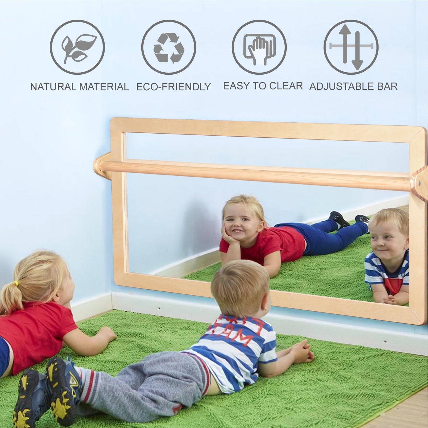 KRAND 3-Position Montessori Wood Frame Non-Shatter Safety Pull Up Bar Baby Big Mirror Set, Infant Coordination Mirror, Kids Classroom Furniture for Daycare, Homeschool or Preschool