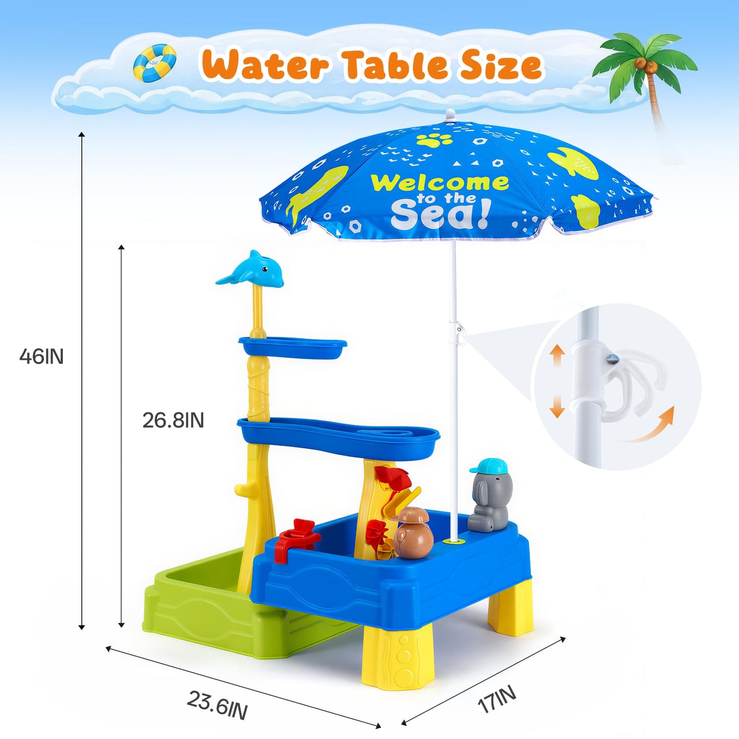 MUGEYMYD Water Table for Toddlers 3-5, Rain Showers Splash Pond Sensory Sand Playset with Umbrella, 16 PCS Accessories, Outdoor Summer Toy for Boys and Girls.