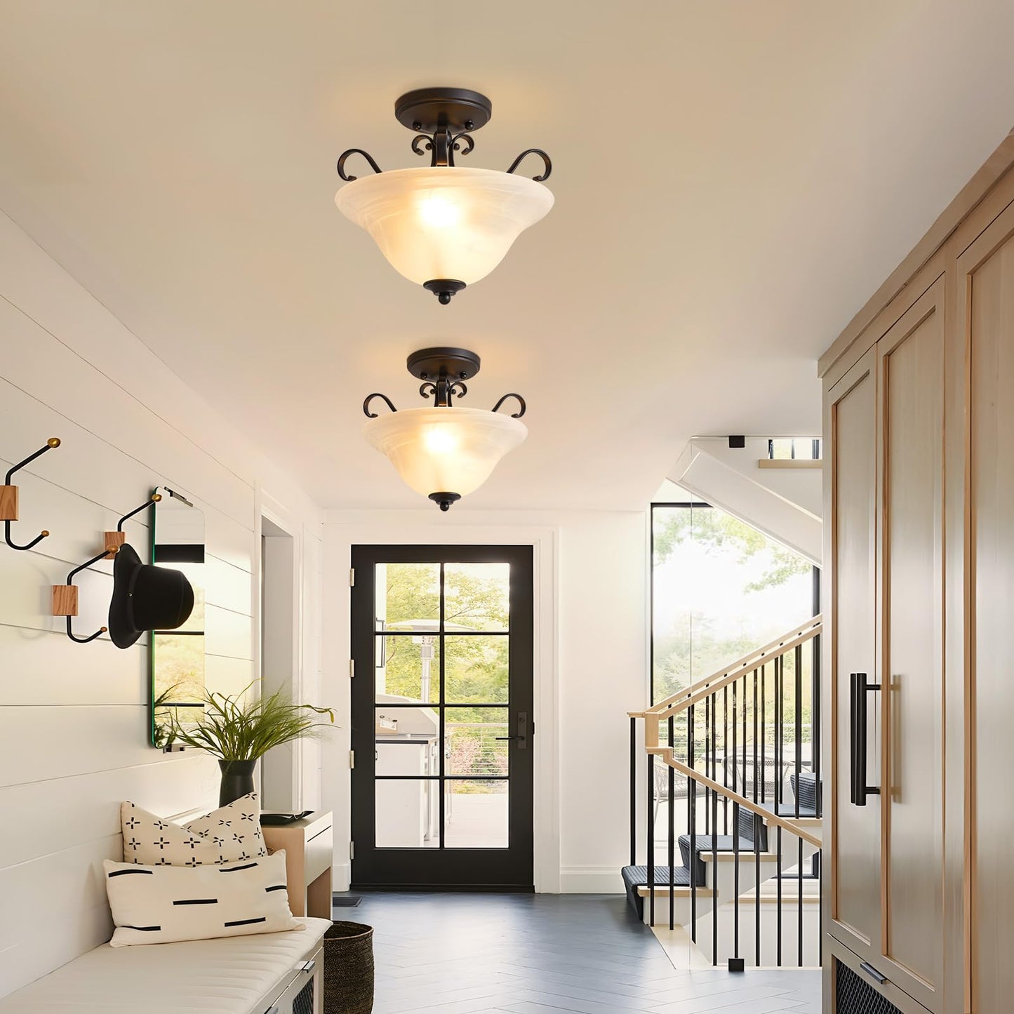 Luvkczc 12" Retro Semi Flush Mount Ceiling Light,Black Ceiling Light Fixture, Mid Century Ceiling Light Modern Glass Close to Ceiling Light for Bedroom Kitchen Porch Hallway,Bulbs Not Included