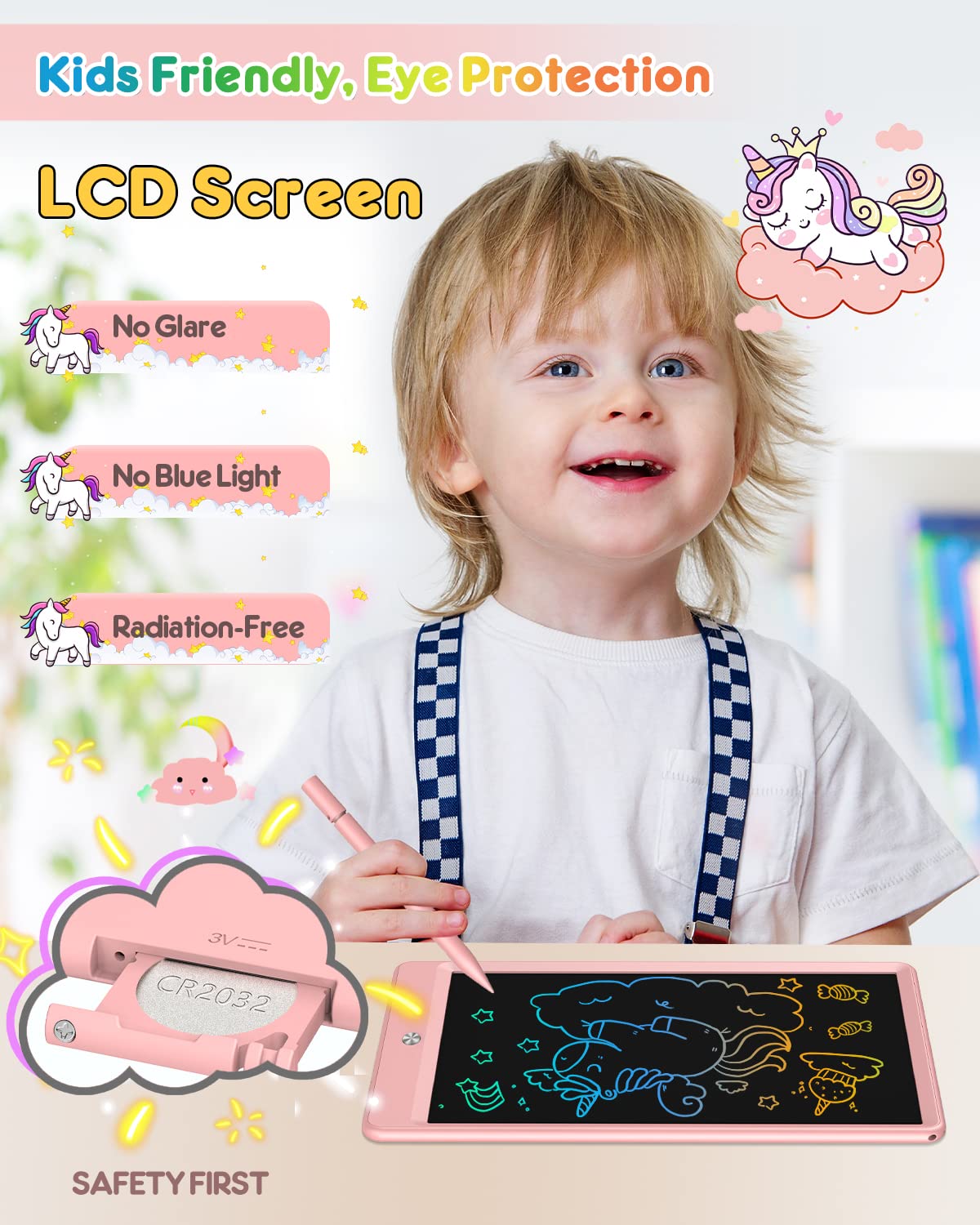 FLUESTON LCD Writing Tablet, 10 Inch Doodle Board Toys Gifts for 3-8 Year Old Girls Boys, Colorful Electronic Board Drawing Pad for Toddler Easter Basket Stuffer for Kids, Educational Travel Toy