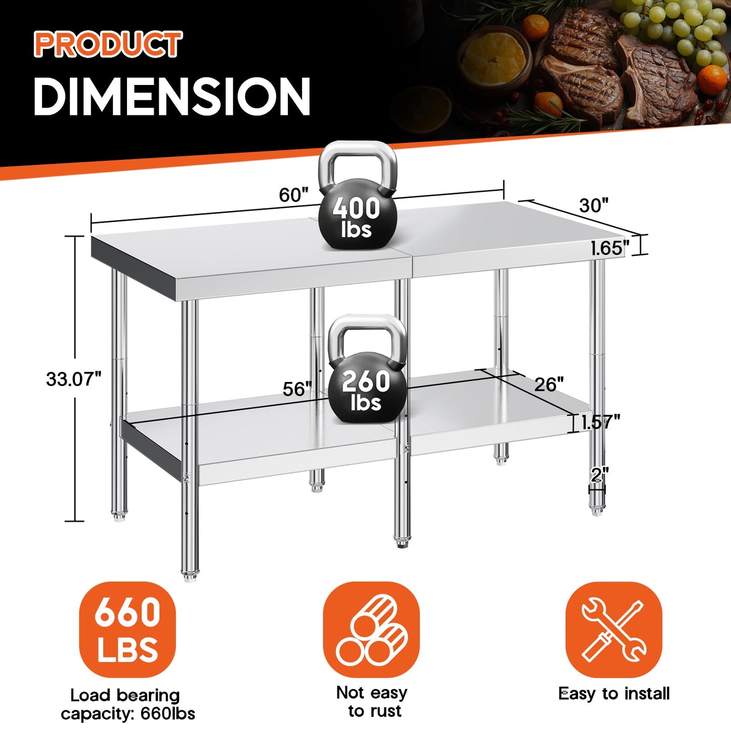 Albott 30x60in Stainless Steel Table, Kitchen Prep Table with Adjustable Undershelf, NSF Certified Metal Surface for Home Kitchen, Restaurant, Hotel, and Garage