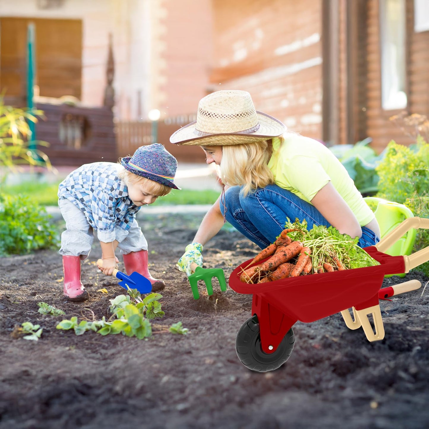 Qtioucp Kids Gardening Tools Outdoor Toys Set Backyard Play with Wheelbarrow Educational STEM Learning Pretend Toys Outdoor Indoor for Toddlers Kids Boys Girls (Red Wheelbarrow Set)