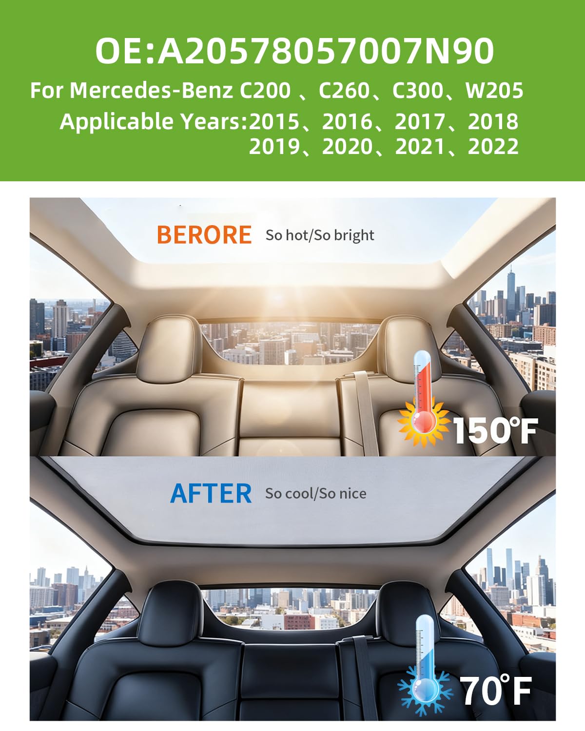 Benz C200 C260 C300 Sunroof Sunshade Curtain Car Accessories Fit for Benz C200 C260 C300 Sunshade Panoramic Sun Shade Panoramic sunroof Shade 2015 2016 2017 2018 2019 2020 2021 2022(Front - Black)