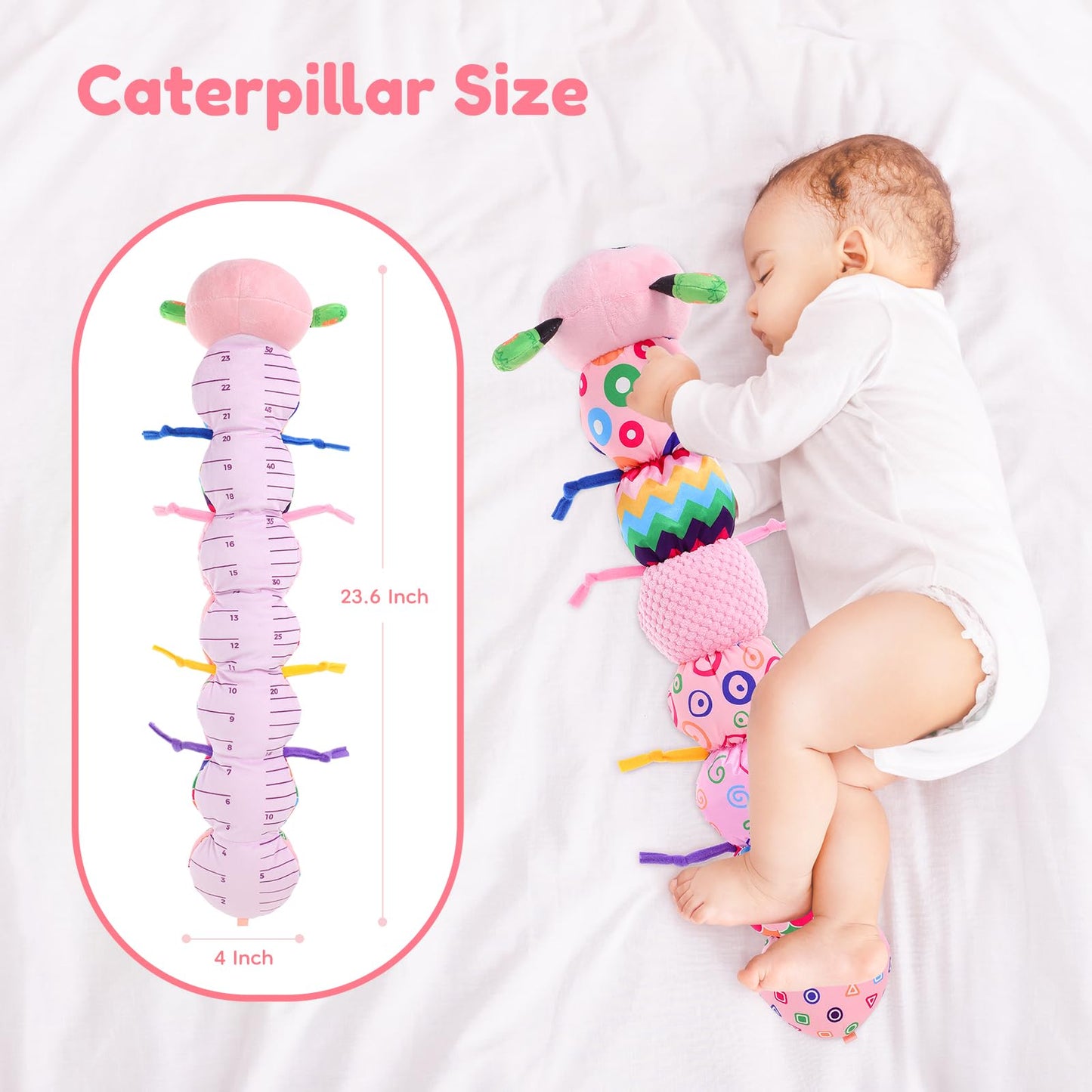Baby Girl Toys 0-6 Months - Tummy Time Gifts Stuffed Sensory Caterpillar Toys for 0-3 3-6 6-9 6-12 Months Newborn Infant Rattles Crinkle Textures Soft Plush 3 4 5 6 7 8 9 10 Months Boys Girls Present
