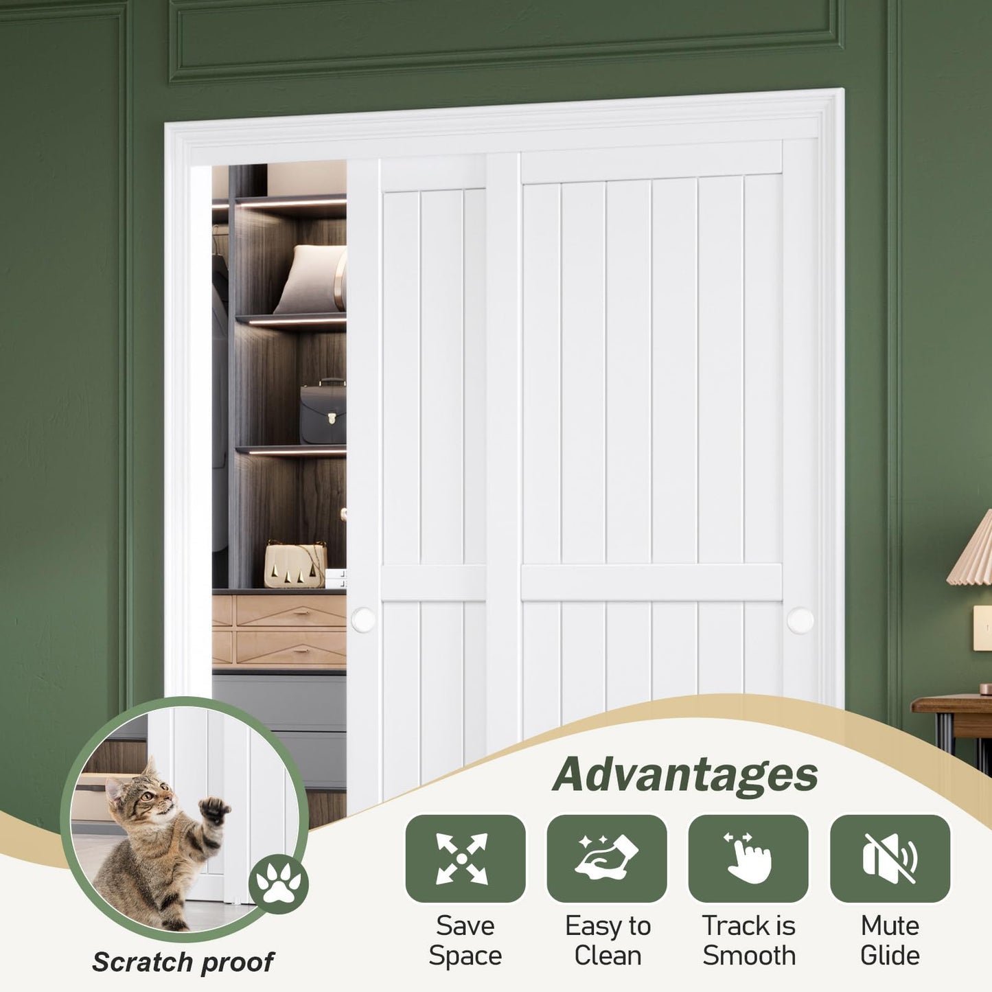 FREDBECK Sliding Closet Doors 60x80(Double 31inch),Bypass Barn Door with Hardware,for Bedroom,White,H Frame,Assemble Required