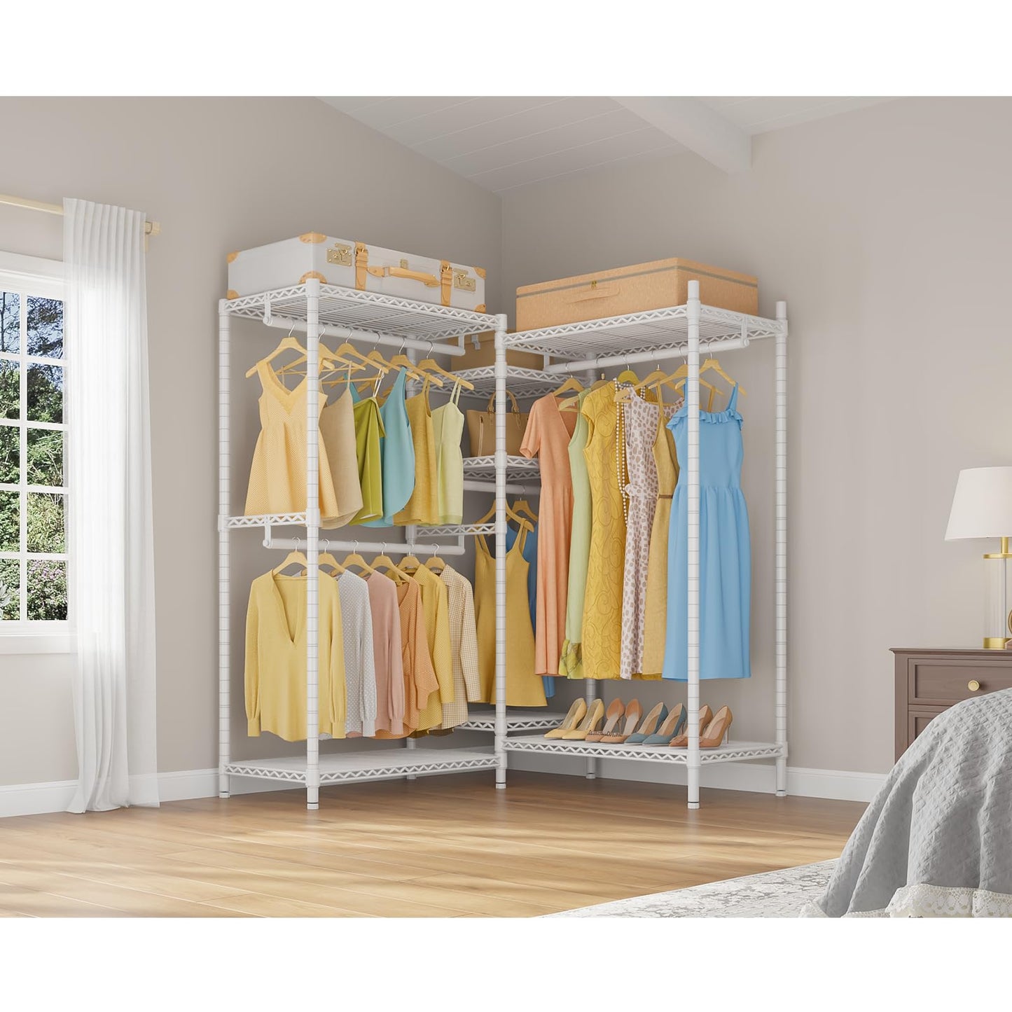 VIPEK L6 Heavy Duty Clothes Rack L Shape Clothing Rack 5-Tier Wire Garment Rack Freestanding Closet with 7 Adjustable Shelves & 4 Hanging Rods, 42.1" L x 42.1" W x 76.4" H, Max Load 850LBS, White