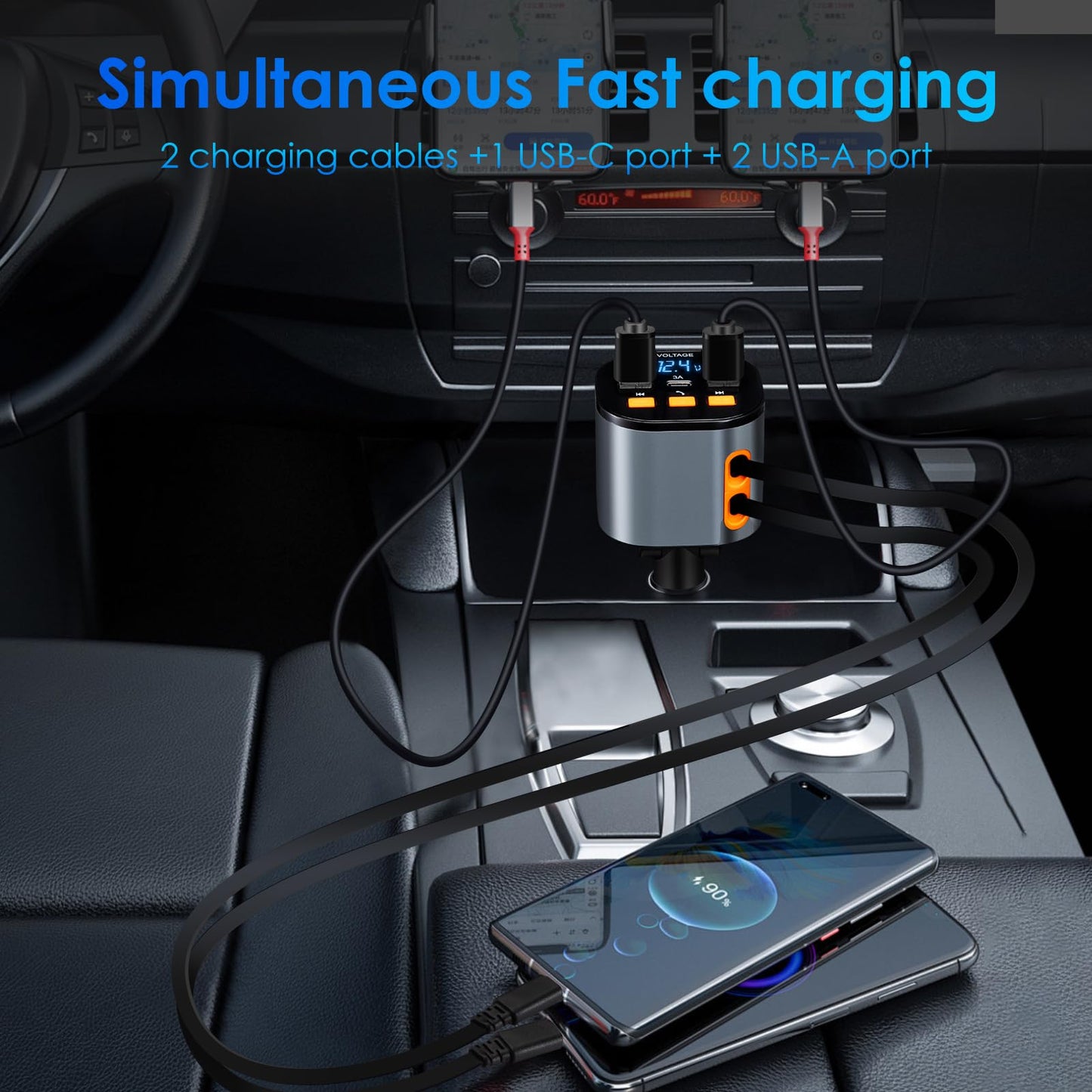 Retractable Car Charger,5 in 1 Fast Cars Phone Charger 90W,Bluetooth 5.3 FM Transmitter Adapter,Handsfree Call,2 Retractable Cables and USB Chargers for iPhone17/16 15/14/13