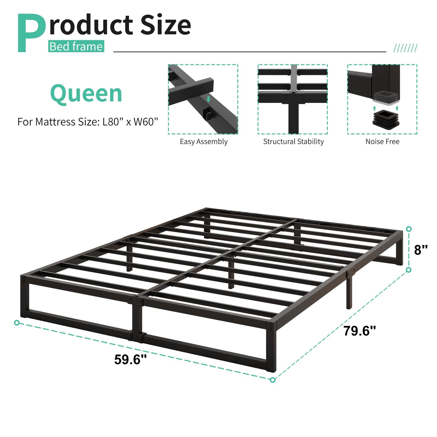 Lutown-Teen 8 Inch Queen Bed Frame Heavy Duty Steel Slat Support Metal Queen Size Platform Bed Frame No Box Spring Needed, Easy Assembly, Black