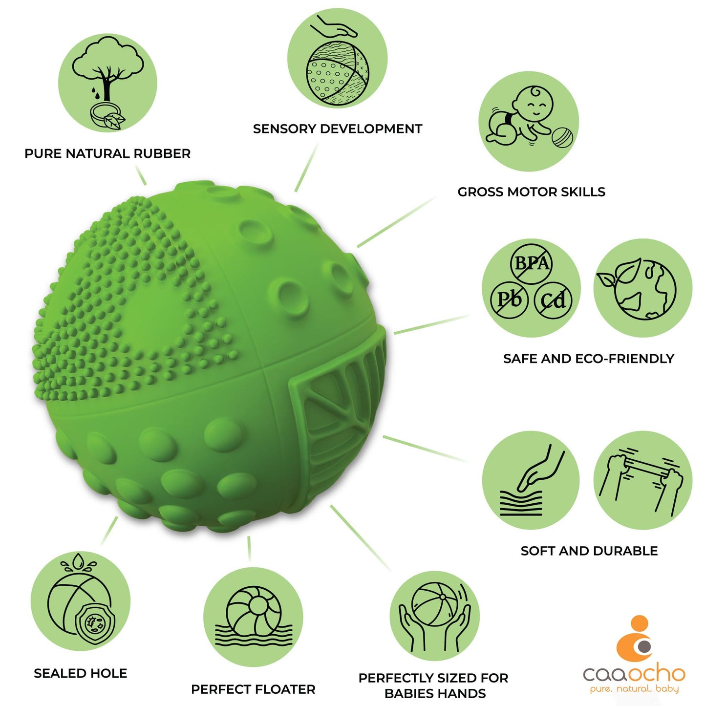 caaocho Pure Natural Rubber Sensory Ball Meadow 3" - Sealed Hole, BPA Free Baby Ball Toy, for Sensory Play, for Sensory Development, Hole Free Baby Toy, Perfect Bouncer, Without Hole