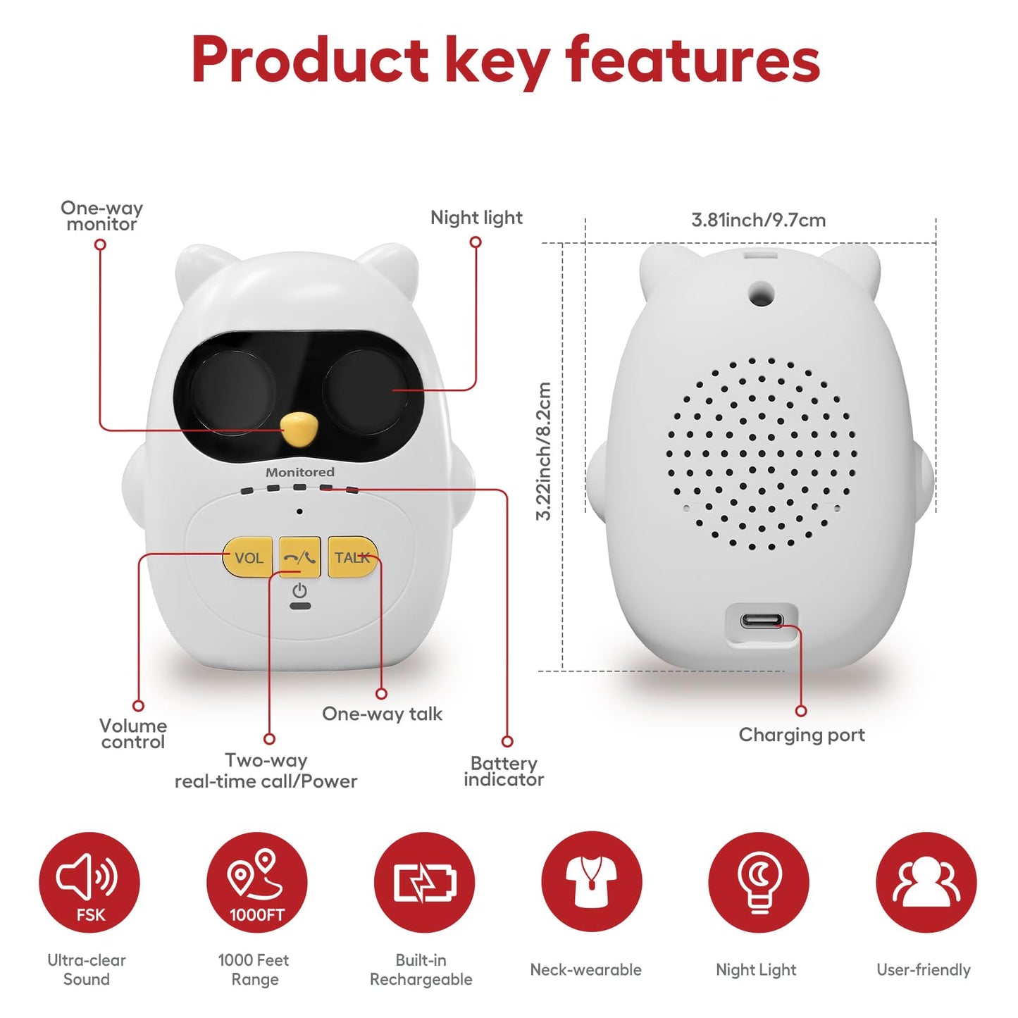 Audio Baby Monitor with Rechargeable Battery, Full-Duplex Wireless Intercom with 1000Ft Range, Baby Monitor Audio Only with Clear Sound, Two-Way Talk - for Home, Kids, Elderly, Pets, Indoor/Outdoor