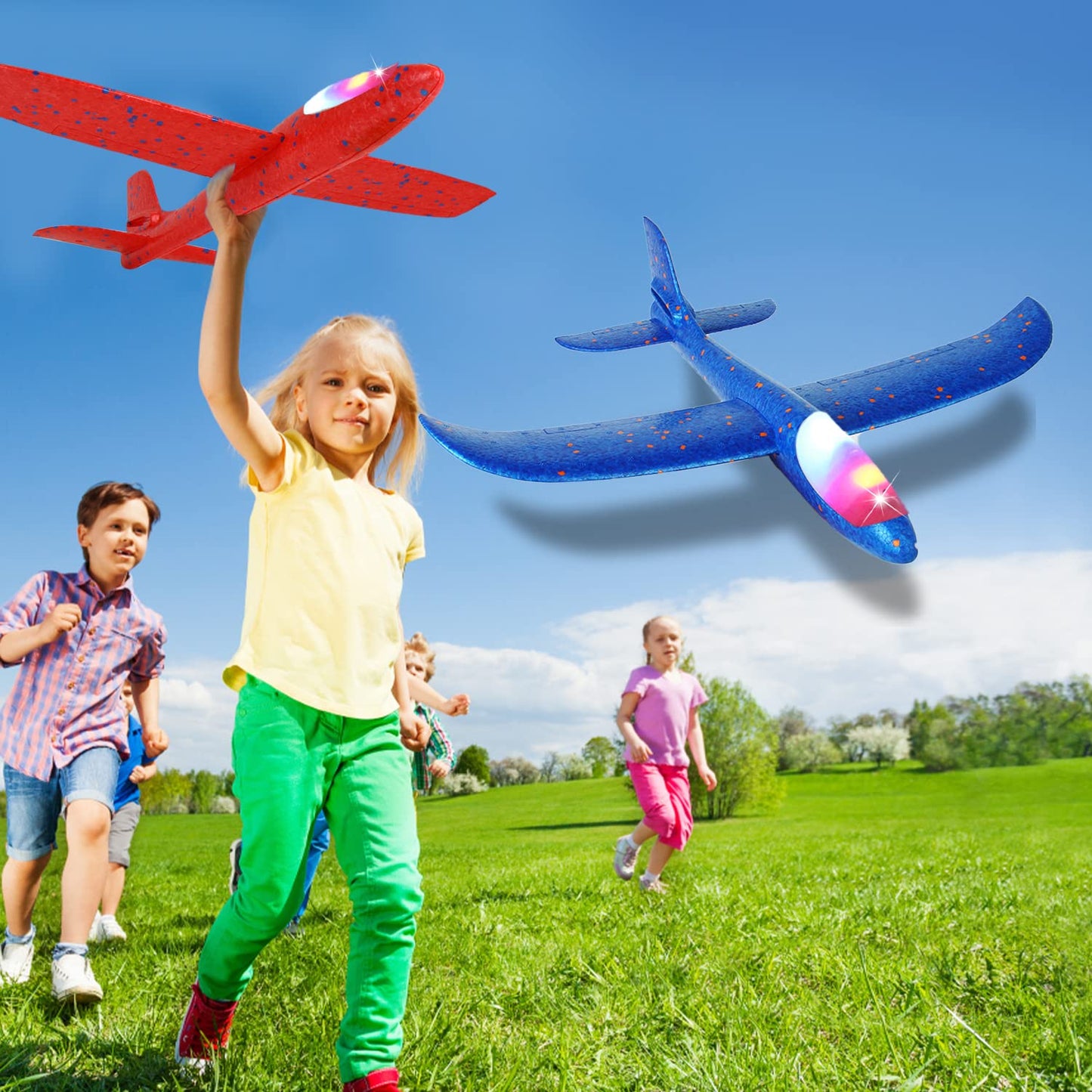 CCINEE 2 Pack LED Airplane Toys, 17.3 inch Large Throwing Foam Plane with Flashing Lights, 2 Flight Mode Glider Plane Outdoor Flying Toy for Kids Boys Girls Outdoor Sport Party Favors