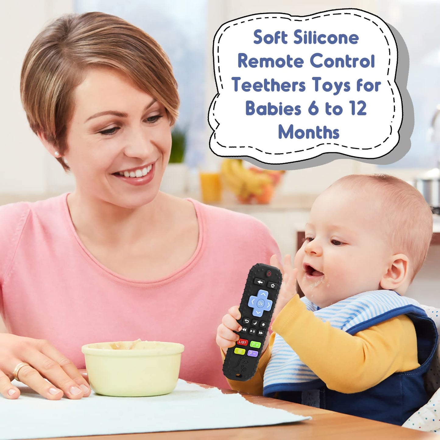 Teething Relief Teethers Toys for Babies 3-6-12 Months Gifts, Food Grade Silicone Sensory Baby Remote Control Teether Bath Toy for Newborn Infant Boy Girl Autism Birthday Christmas Gift, Black