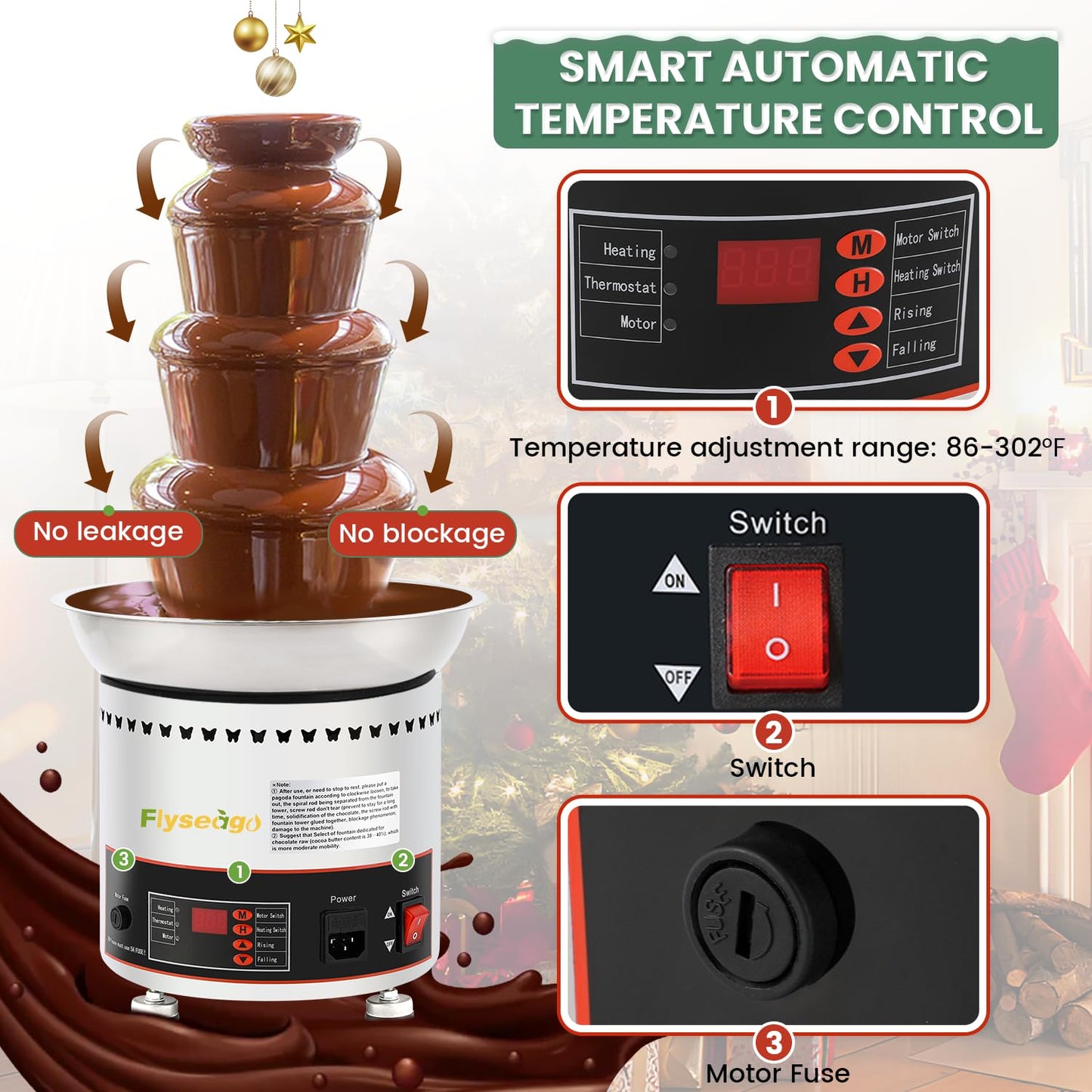 Flyseago Commercial Chocolate Fountain 4 Tiers 7Lbs Large Chocolate Waterfall Stainless Steel Chocolate Heating Melting Fondue Machine Easy to Assemble for Cheese BBQ Sauce Ranch Digital-control