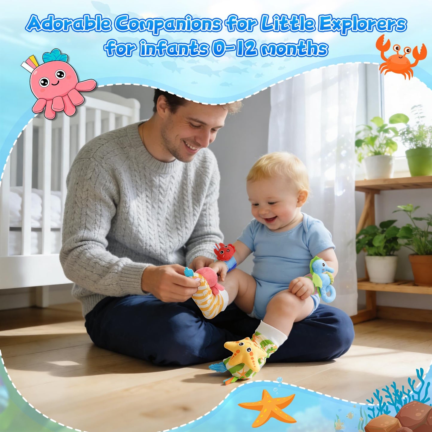 Zendstanding Baby Wrist Rattle Foot Finder Socks Set, CPC Safe Sensory Plush Toys for 0-12 Months Newborn Boys Girls, Ocean Rattles Baby Shower Registry Gift for Expecting Moms Essentials