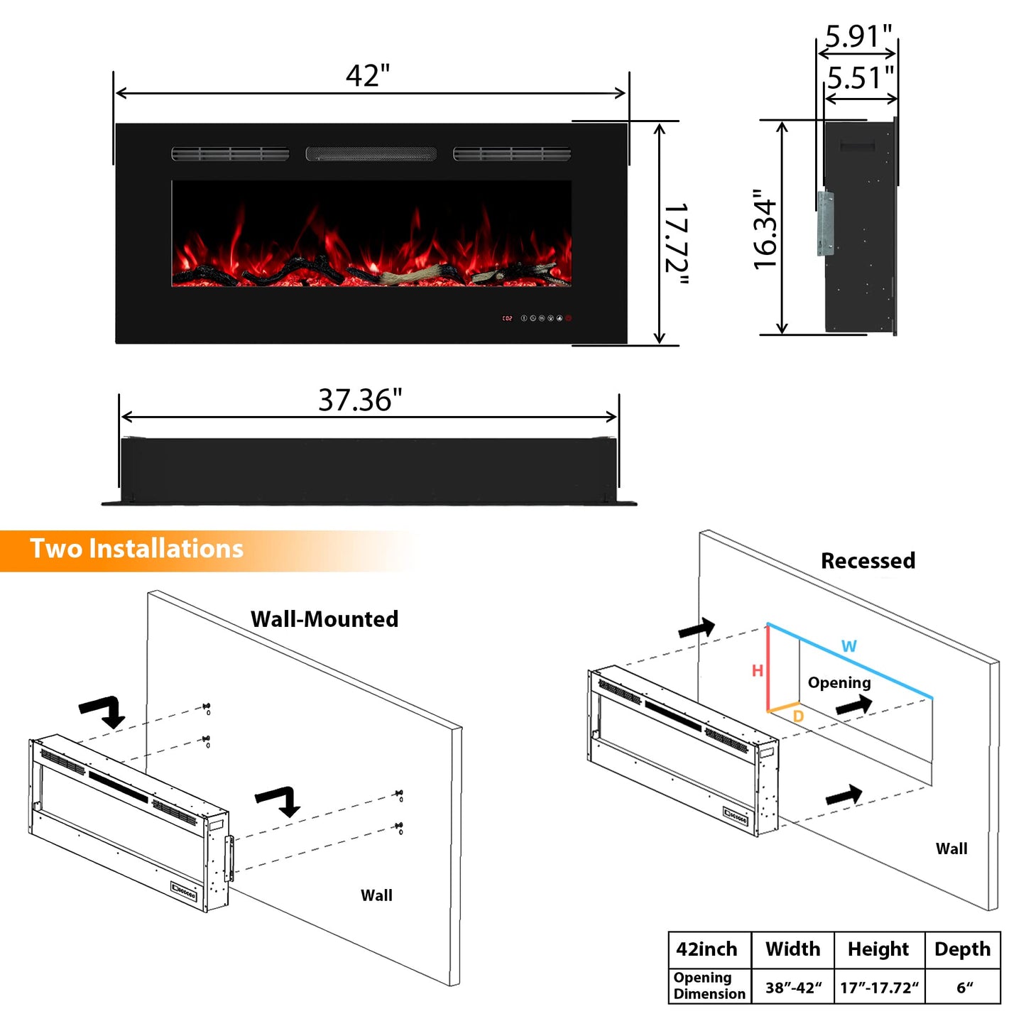 Oxhark Flame Electric Fireplace 42 inch Wide, Wall Mounted Fireplace Inserts Electric Heater, 13 * 13 Flame Effects Like Real Flame, Low Noise, Timer & Thermostat Setting, 750W/1500W, Black