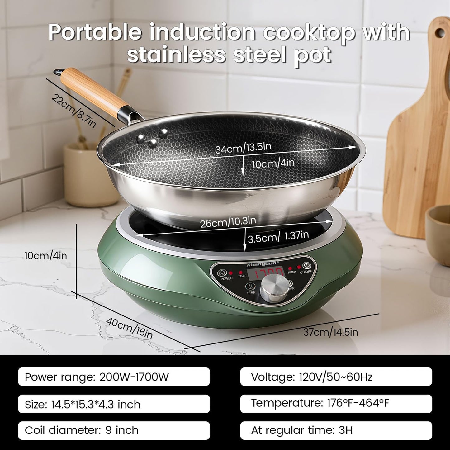 Abangdun Concave Induction Wok Cooktop 1700W 120V – Continuous Non-Pulsed Heating Stir Fry Burner for Asian Cooking, Stainless Steel Wok Induction Burner for Round Bottom Woks