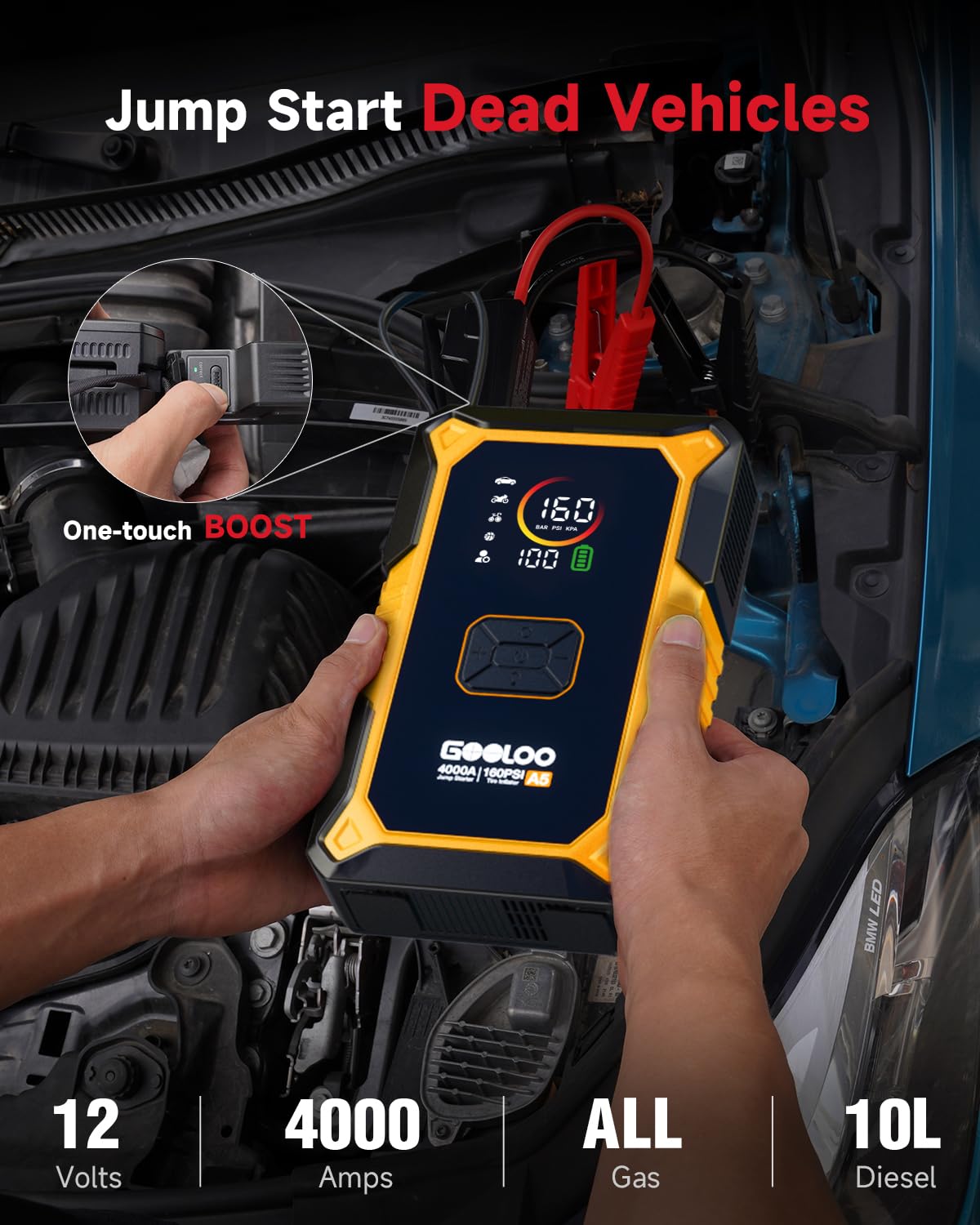 GOOLOO A5 Car Jump Starter with Air Compressor, 4000A Portable Car Jump Starter (All Gas/10.0L Diesel) with 160PSI Auto-Off Tire Inflator, 45W Output Power Bank,12V Battery Jumper Starter Portable
