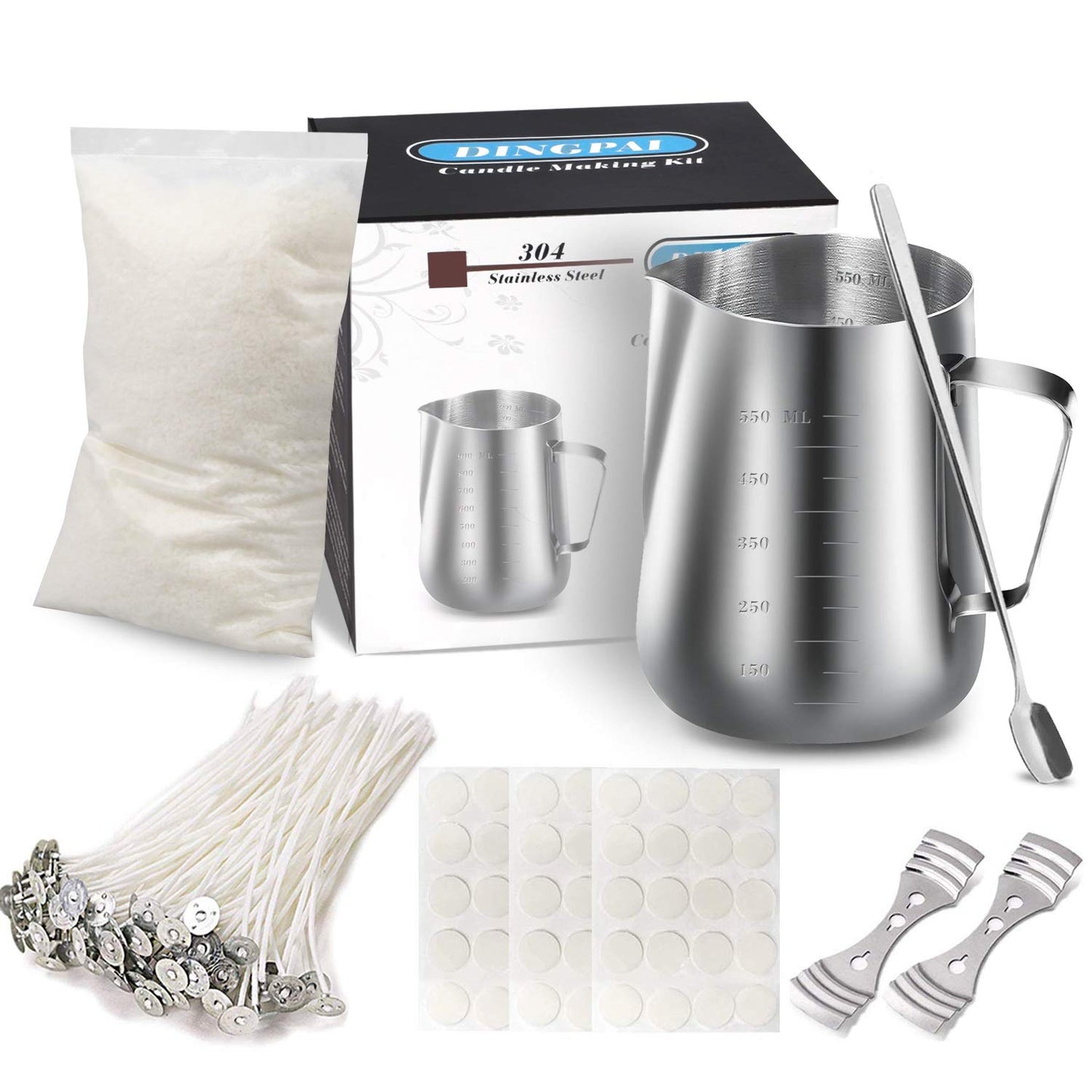 Candle Making Kit Supplies,DIY Craft Tools Including Candle Make Pouring Pot, Sticker, 3-Hole Wicks Holder, Natural Soy Wax and Spoon
