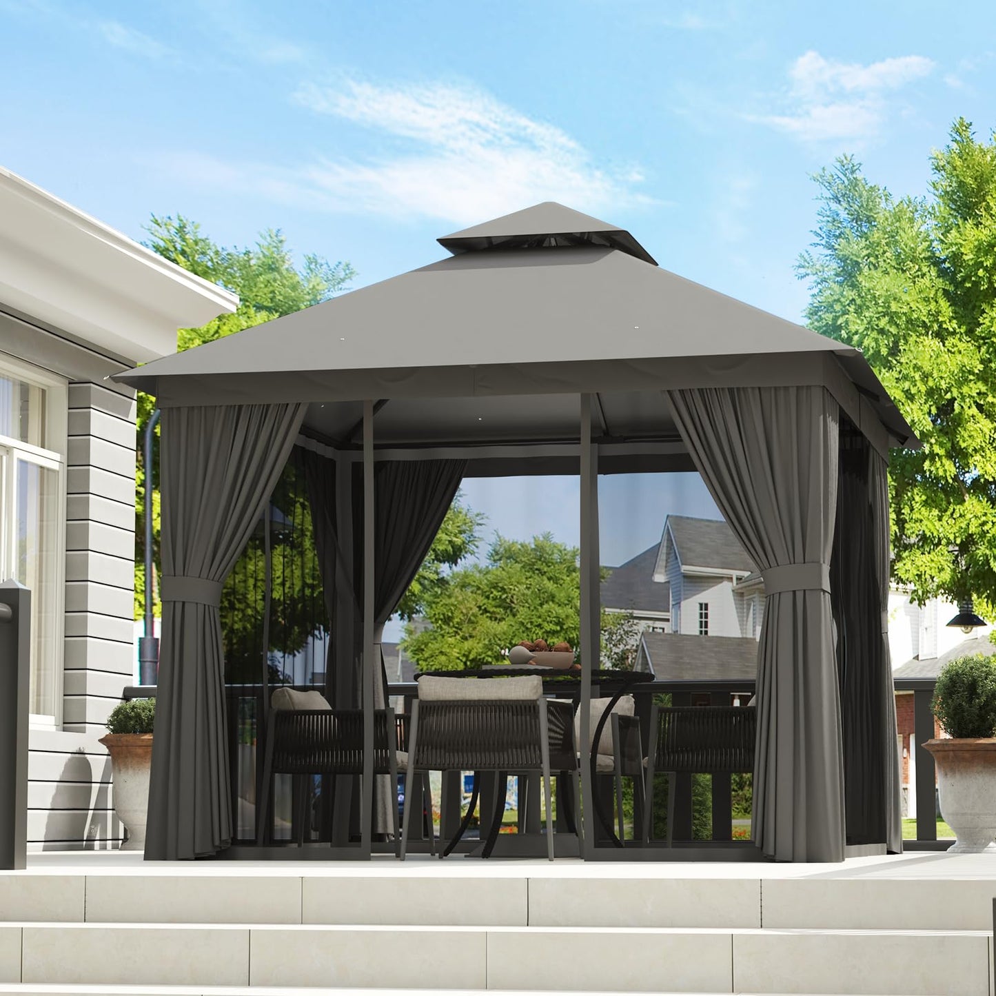 Aoxun Outdoor Gazebo for Patio 8x8, Metal Frame Canopy with Double Roofs, Heavy Duty Party Tent and Shelter with Mosquito Netting and Privacy Screen for Backyard, Lawn, Garden, Deck (Grey)