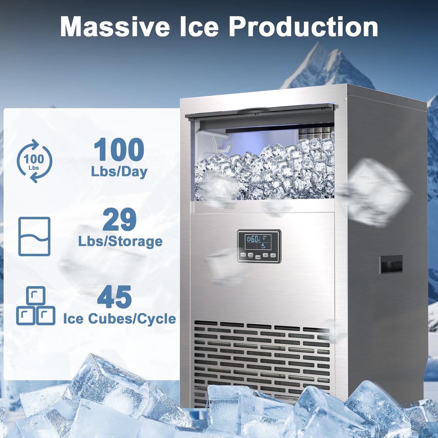 Antarctic Star 100lb/24H Commercial Ice Maker, 29lb Storage, Adjustable Ice Thickness & Touch Control, 45 Cubes/Cycle for Home/Bar/Restaurant