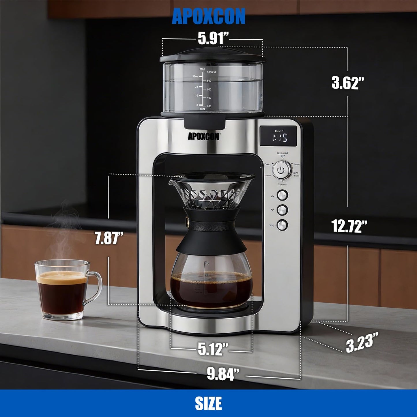 APOXCON Drip Coffee Machine with Carafe, Pour Over Coffee Maker with Auto & Manual Mode, 24-Hr Programmable Single-Serve Brewer, Built-in Scale, Stainless Steel Filter - 1L