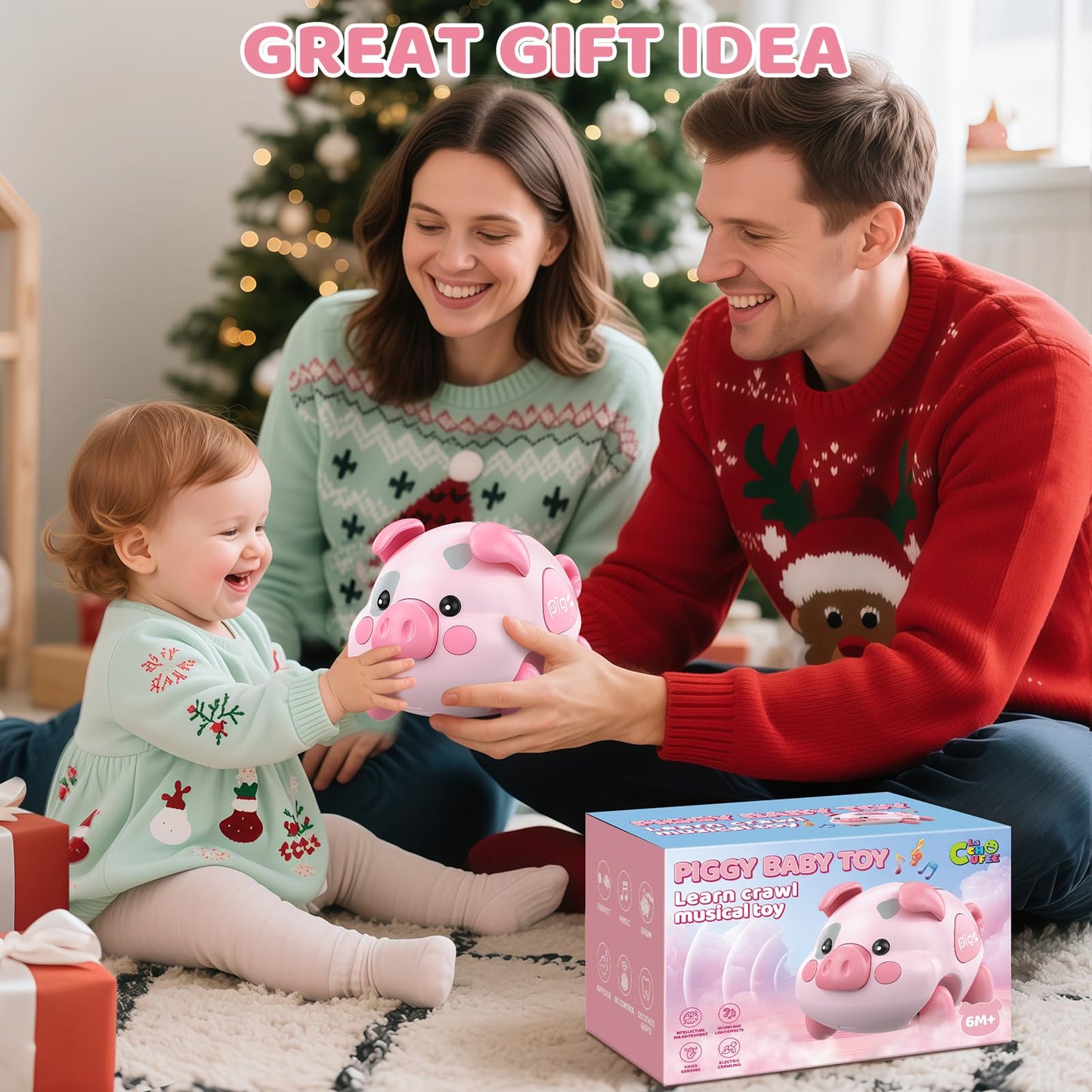 Baby Musical Toys for 6-12-18 Months, Musical Piggy Toys for Toddler 1 Year Old Baby Girl, Infant Crawling Light up Music Toys for Tummy Time Development, 1st Birthday Gift for Boy 7 8 9 10+ Month