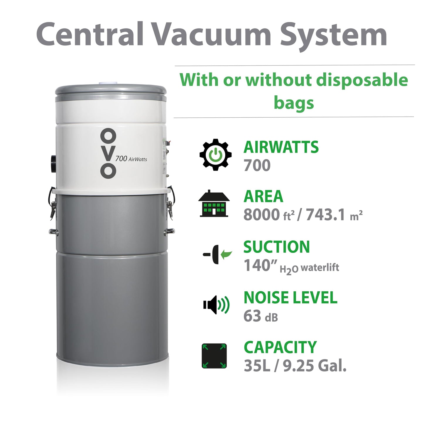 OVO Heavy Duty Powerful Central Vacuum System, Hybrid Filtration (with or Without Disposable Bags) 35L or 9.25Gal, 700 Air watts with 40ft Deluxe Accessory kit Included