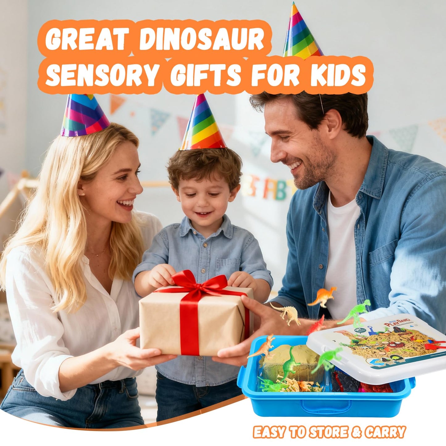Vectronum Dinosaur Sensory Bin with Lid - 2.64lbs Sand, Archaeology Tools, Dino Figures & Skeletons, Sensory Kit for Boys Toddlers, Dinosaur Toys for Kids 3 4 5 6 7+ Year Old Christmas Birthday Gift