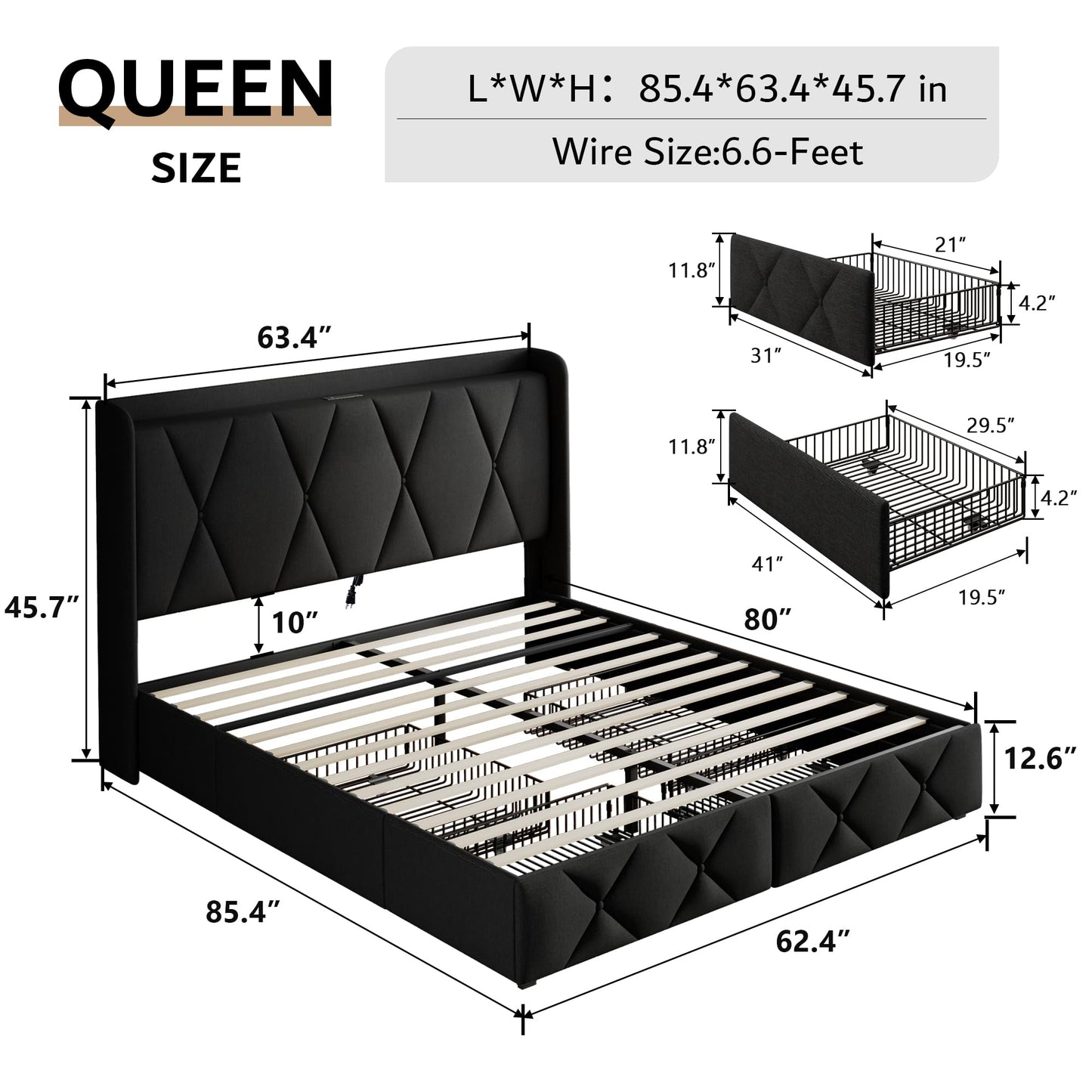 iPormis Queen Bed Frame with 4 Storage Drawers, Upholstered Platform Bed Frame with Charging Station, Modern Wingback Storage Headboard, Easy Assembly, Black