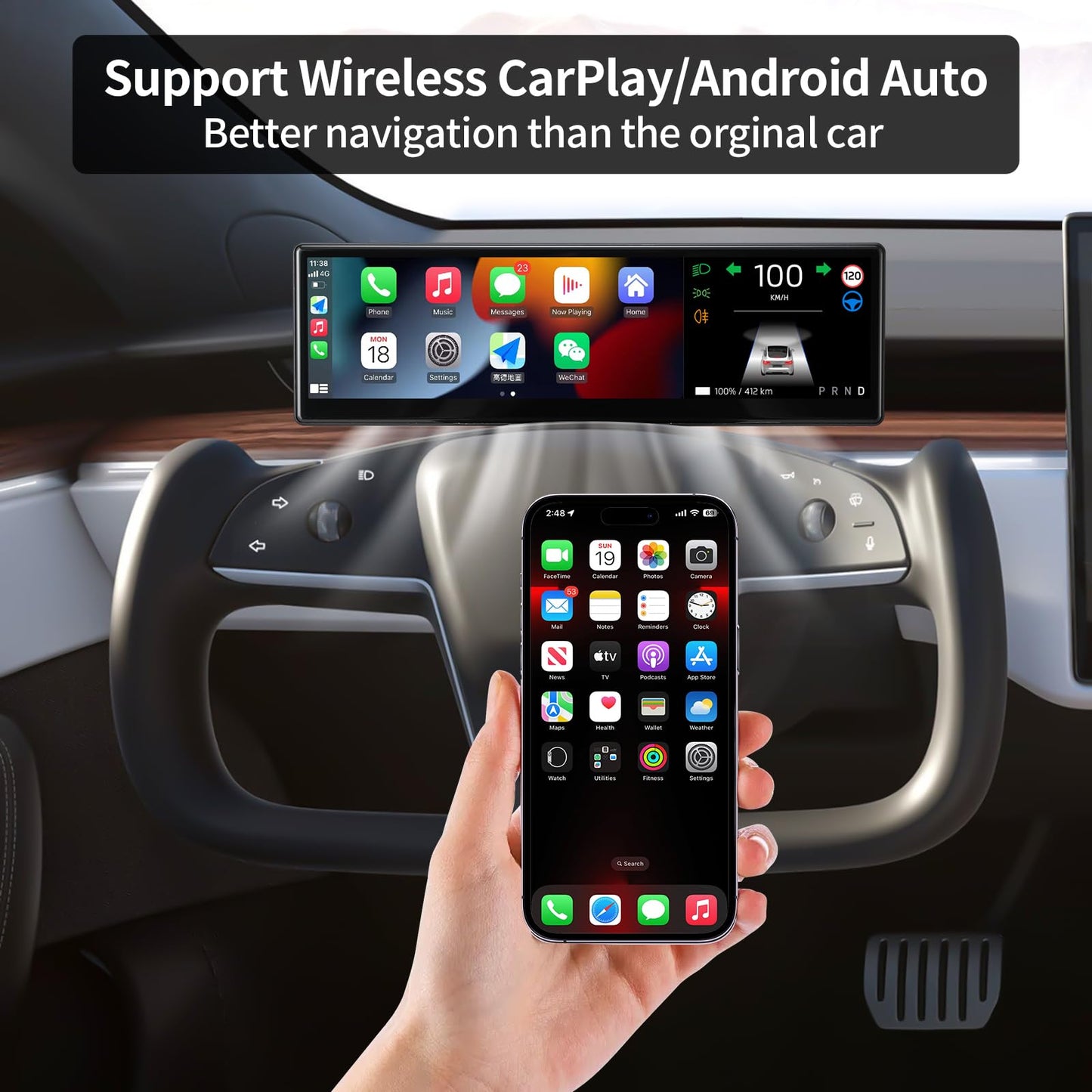 8.8” Ultra-Thin Head Up Display for Tesla 2024 Highland Model 3 with Front Camera, Wireless/Wired CarPlay & Android Auto,Spot Blind Warning,No AC Vent Block,Auto-Pilot,OTA Update