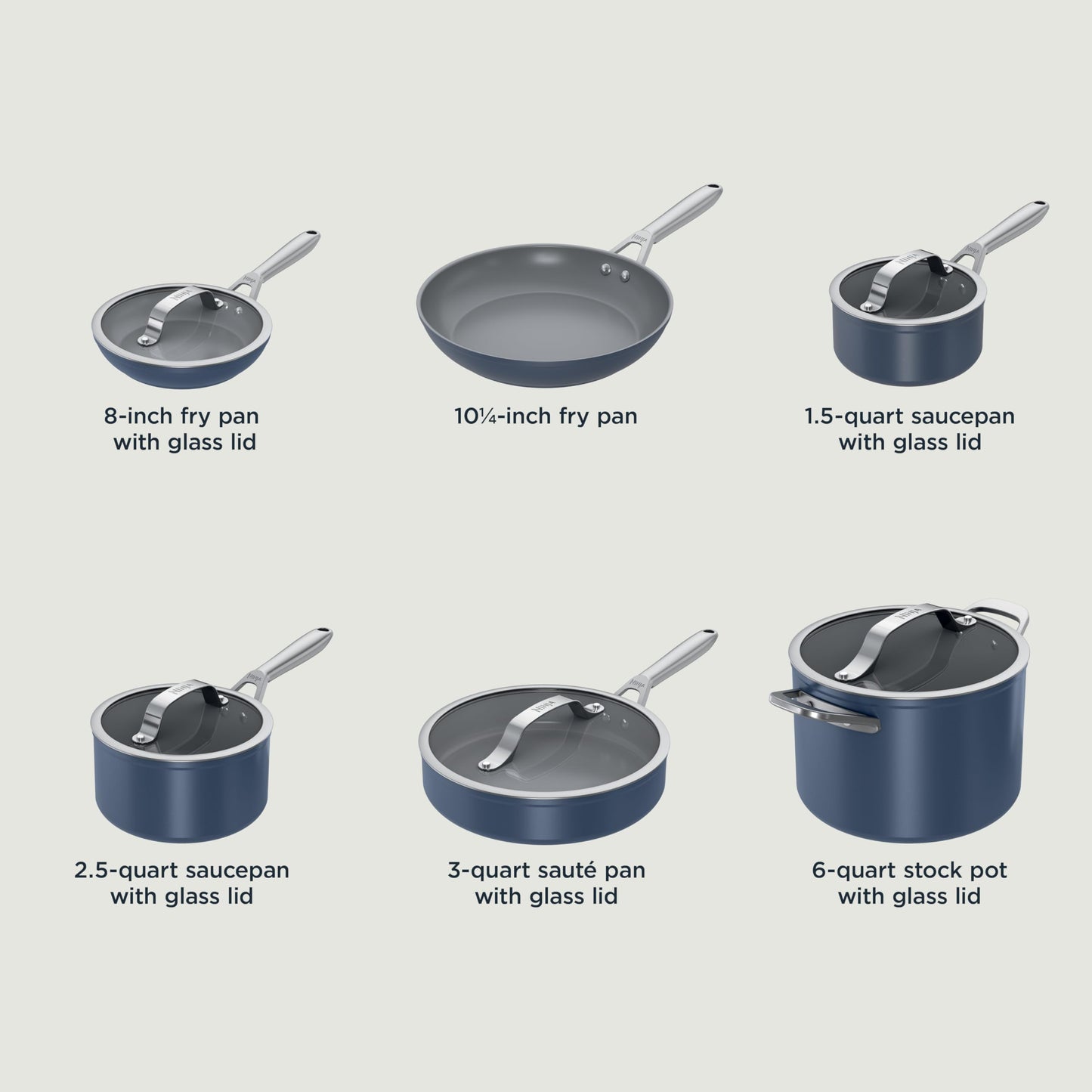 Ninja Ceramic Pro 11-Piece Cookware Set, Non-Stick Pots & Pans Set with Glass Lids, Nontoxic, PTFE Free, Ceramic Coated, Oven Safe, All Stovetops & Induction Compatible, Midnight Blue, CW39011MM