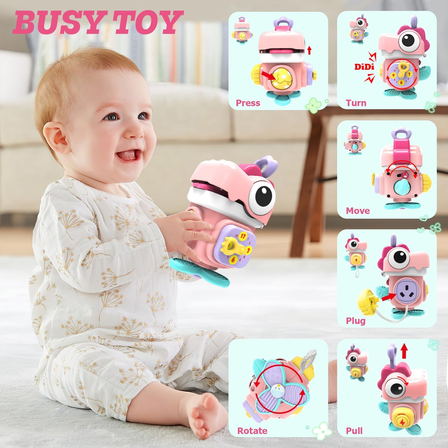 seveclotree 4 in 1 Baby Toys 6 to 12 Months,Learning Toys for Babies 6 12 18 Months, Infant Toys Stacking Rings,Busy Cube,Spinner Toys,Tissue Box Toy,Sensory Educational Gift for Toddlers Aged 1-3