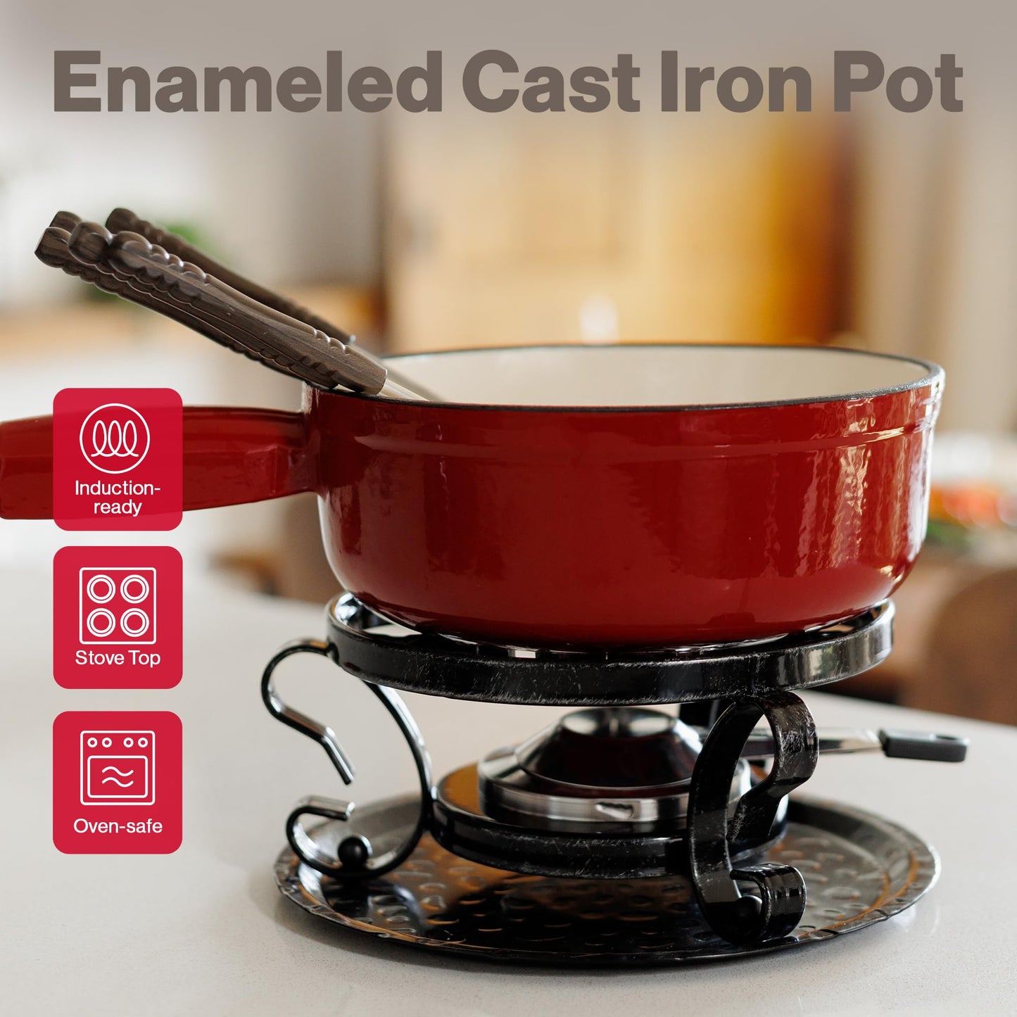 Swissmar Lugano Cast Iron Cheese Fondue Set, 9-Piece, 2 QT / 2 L - Ideal for Melting Cheese, Chocolates, Caramel, & More - Perfect for Kitchen Collection & Gift Giving - Cherry Red