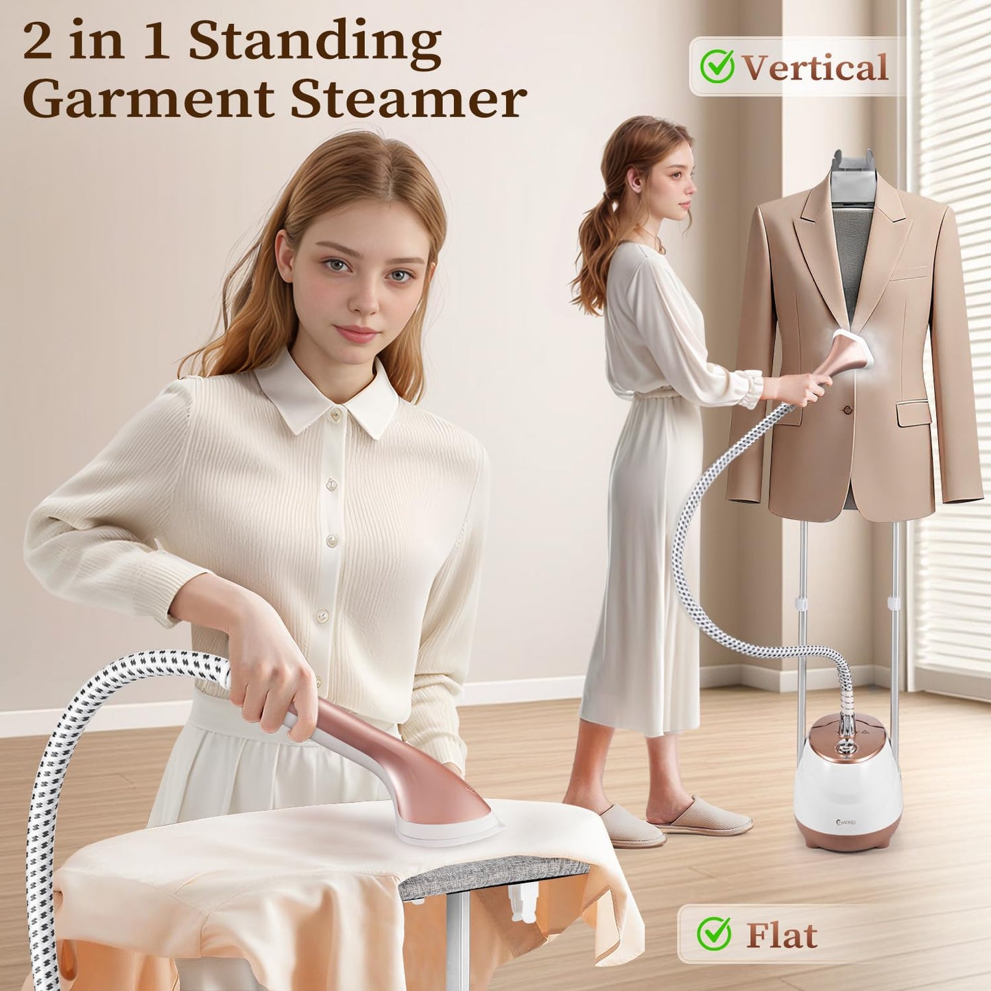 HAPAIS Steamer for Clothes,1800W Standing Garment Steamer with 30s Fast Heat,2L Tank for 1 Hour,Professional Clothes Steamers for 10 Fabric Modes,2-in-1 Flat & Hanging Ironing
