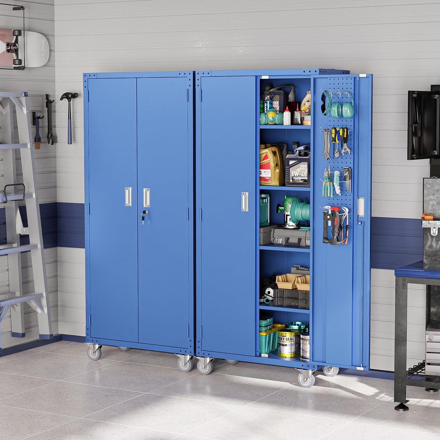 VINGLI 72'' Tall Metal Garage Storage Cabinet with Pegboards, Wheels, Locking Doors and Adjustable Shelves, File Cabinet/Tool Cabinet for Home Office/School (Blue, 32W x 16D x 72H)