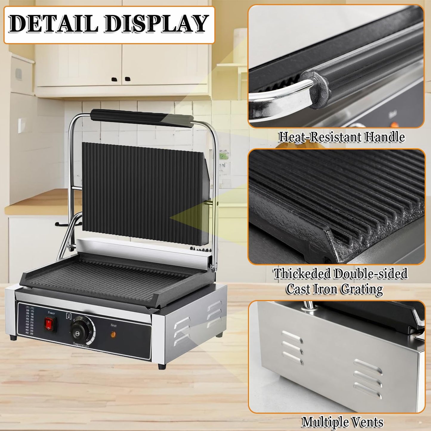 CTJ Commercial Panini Press Stainless Steel Electric Sandwich Maker - 2200W Countertop Panini Press Grill with Temp Control for Sandwich, Burger, Steak, Bacon, Grilled Cheese & Breakfast
