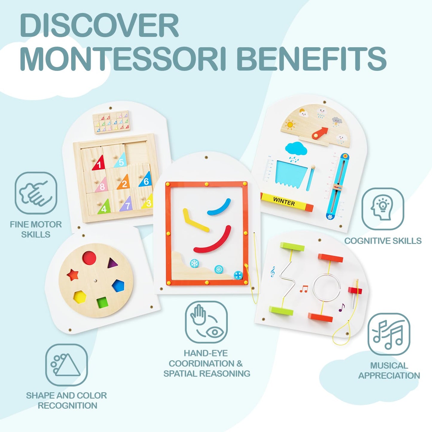 Monläurd® Cloud Montessori Busy Board, Sensory Board, Wooden Toys, Wall Toys, Boys and Girls 6M+