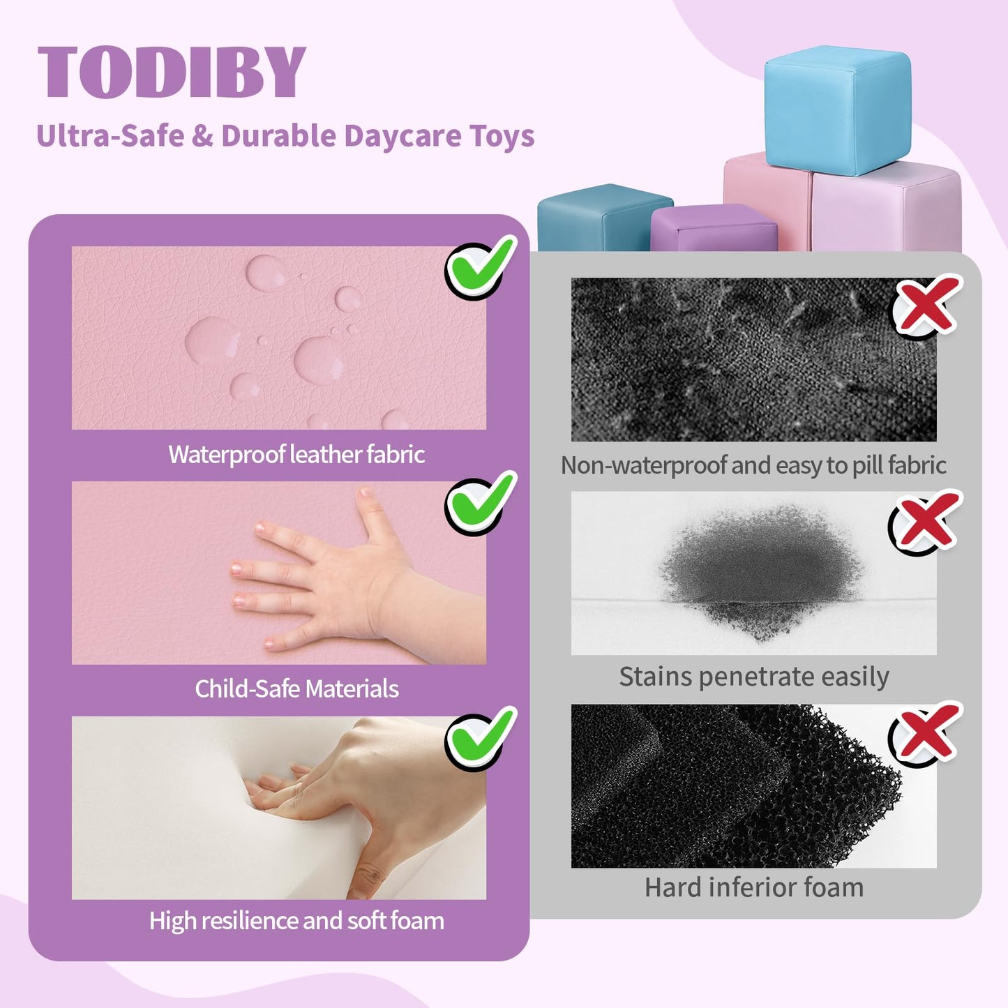 TODIBY Foam Building Blocks for Toddlers:12-Pieces Wipeable Leather Stacking Cubes Kids - Large Soft Toys Play Set for Learning Construction Baby Preschool Daycare Therapy Birthday Gift (Purple Pink)