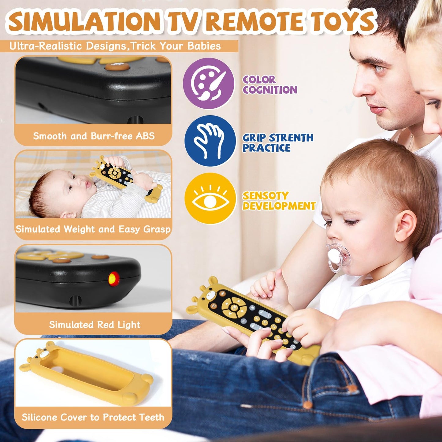 Orzbow Baby Remote Control Toy for 6 Month+ with Silicone Giraffe Teether Cover, TV Remote Toy with Realistic Light and Sound - English, French and Spanish for Infant Musical Toys, BPA Free, Black