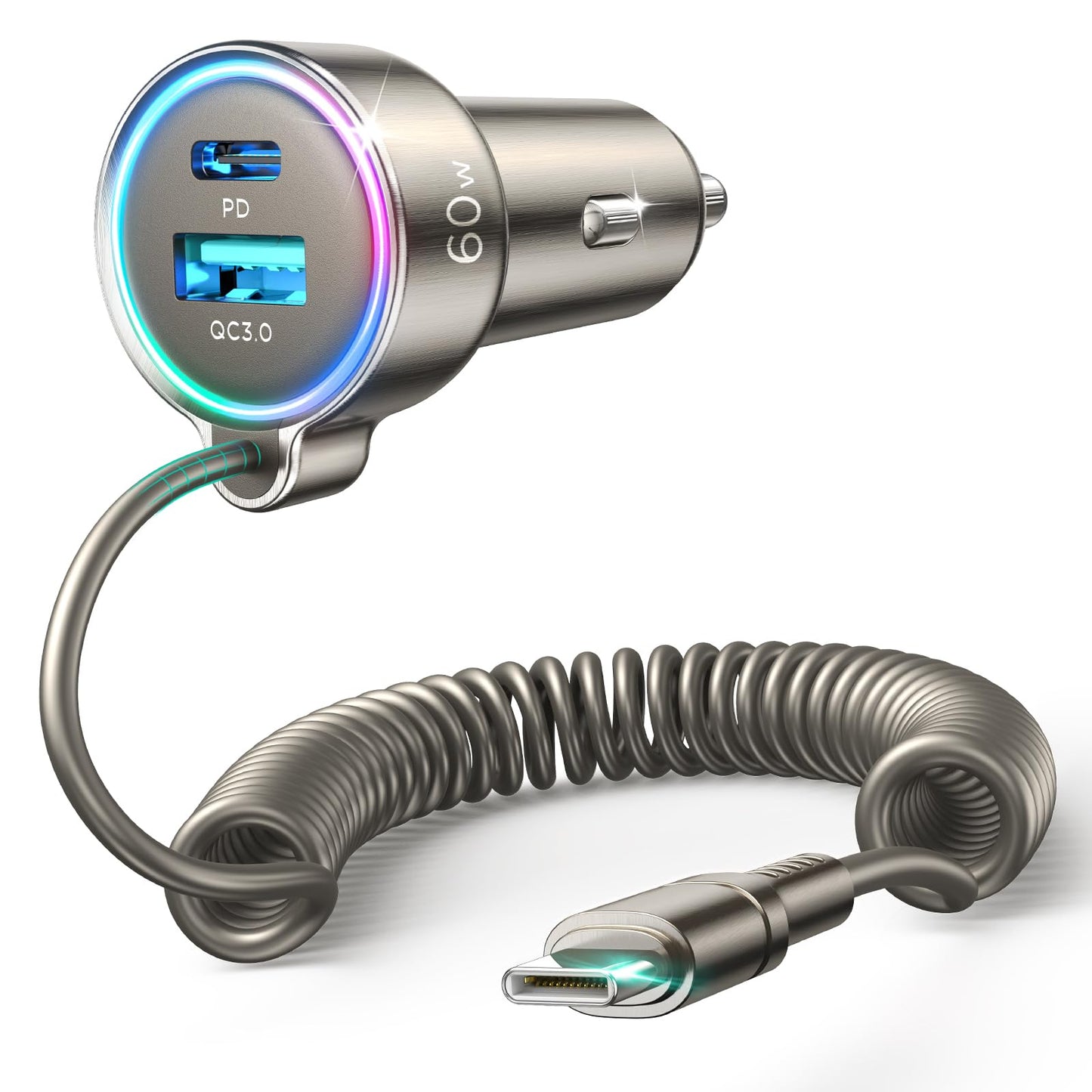 USB C 72W Car Charger for iPhone 16 Pro Max Plus, PD & QC3.0 w/5 ft 36W Type C Coiled Cable, Fast Car Phone Charger Adapter for iPhone 15 Pro, Samsung Galaxy S24/S23/S22, Pixel/Moto/LG/Android, iPad