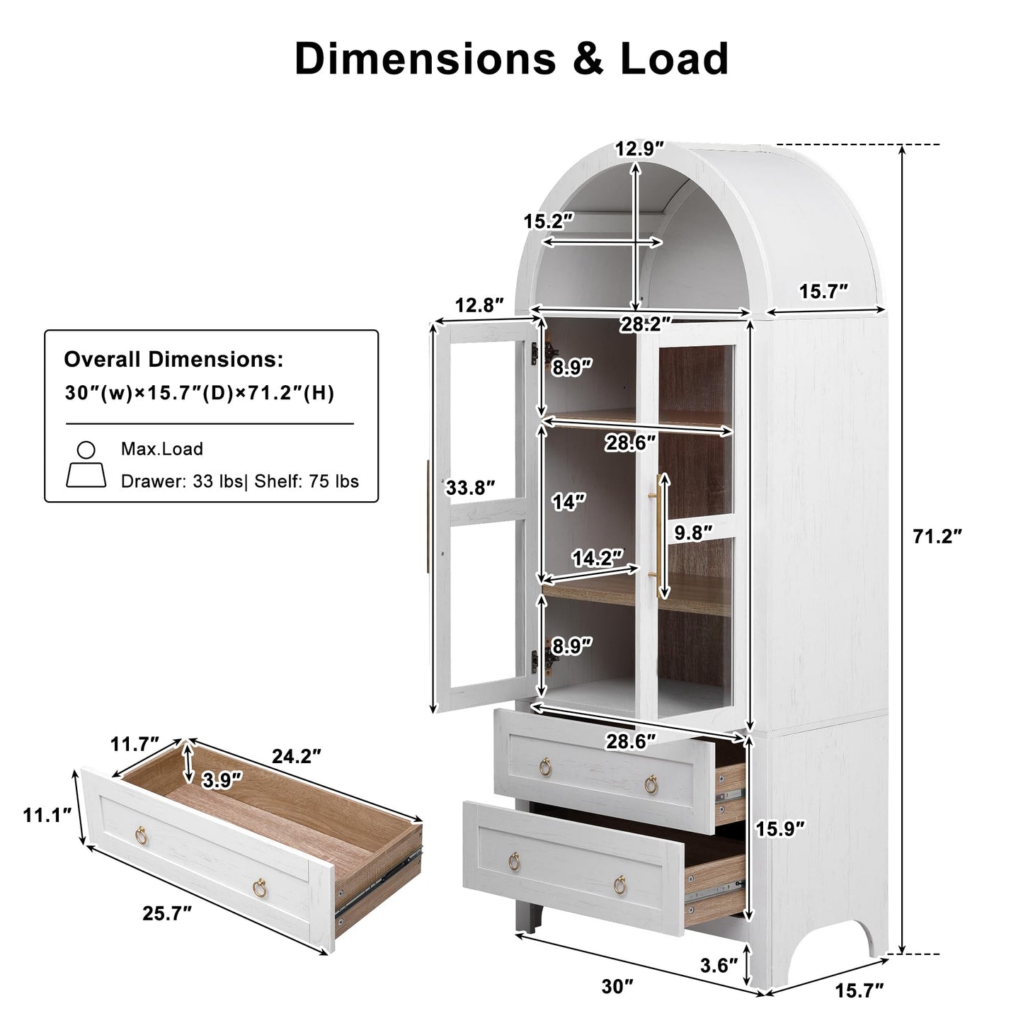 Erteliza 71" Farmhouse Arched Storage Cabinet with Glass Doors, Tall Arched Cabinet with Drawer, Adjustable Shelves & Door Racks, Modern Kitchen Pantry Cupboard, White
