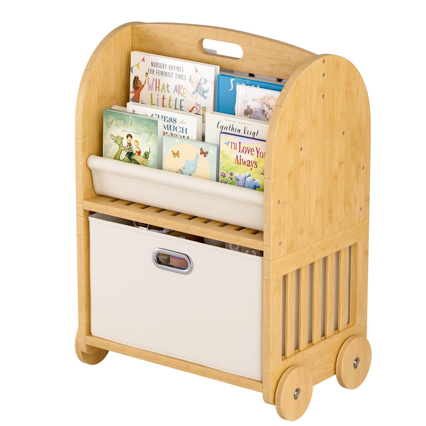 EZ2LIVE 2-Sided, 3-Tier Bamboo Kids Bookshelf, Montessori Shelf with Safe Wheels and Large Storage Drawer, Toddler Bookcase Nursery Book Shelves and Toy Storage for Baby Rooms Playroom Kindergarten