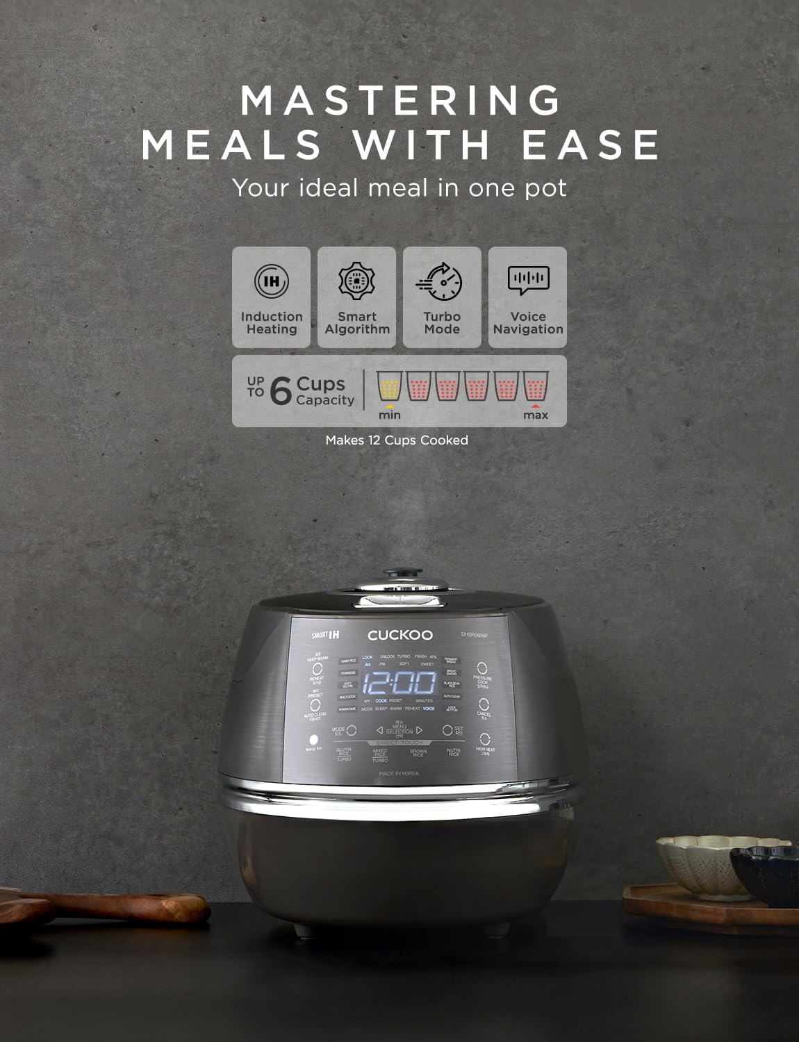CUCKOO High Pressure Rice Cooker 6-Cup Uncooked / 12-Cup Cooked with Induction Heating Technology, Versatile Rice Maker with 13 Menu Options and Steam Plate, Voice Guide, Dark Gray (CRP-DHSR0609FD)