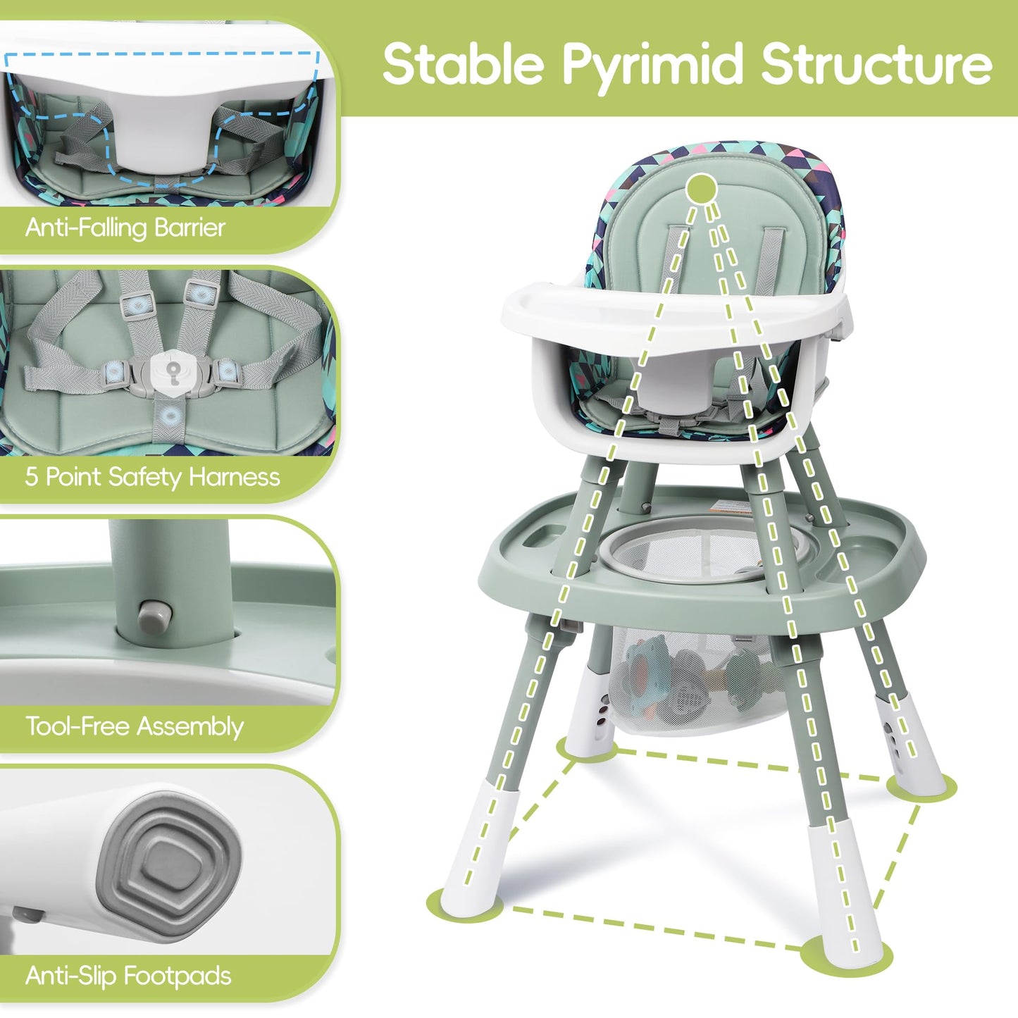 15 in 1 Convertiable High Chair for Babies and Toddlers, 2 in 1 Highchair & Activity Center w/Toys, Booster Seat, Toddler Chair w/5-Point Harness & Removable Tray & 2-Layer Cusion (Green)