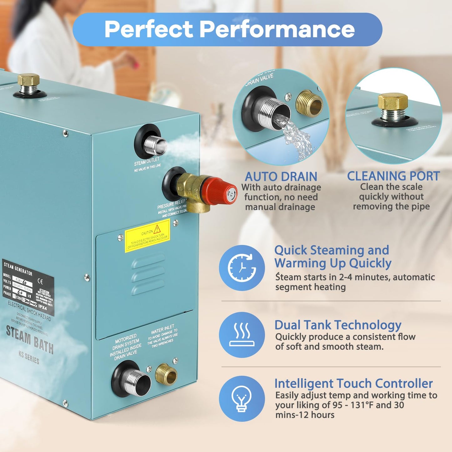 Kooby 4KW Luxury Self-draining Steam Generator Shower Sauna Bath Home Steam Bath Spa Generator with Waterproof Control and Auto Drain 95-131℉ for Max Space Heating 4 m³ (145 ft3)