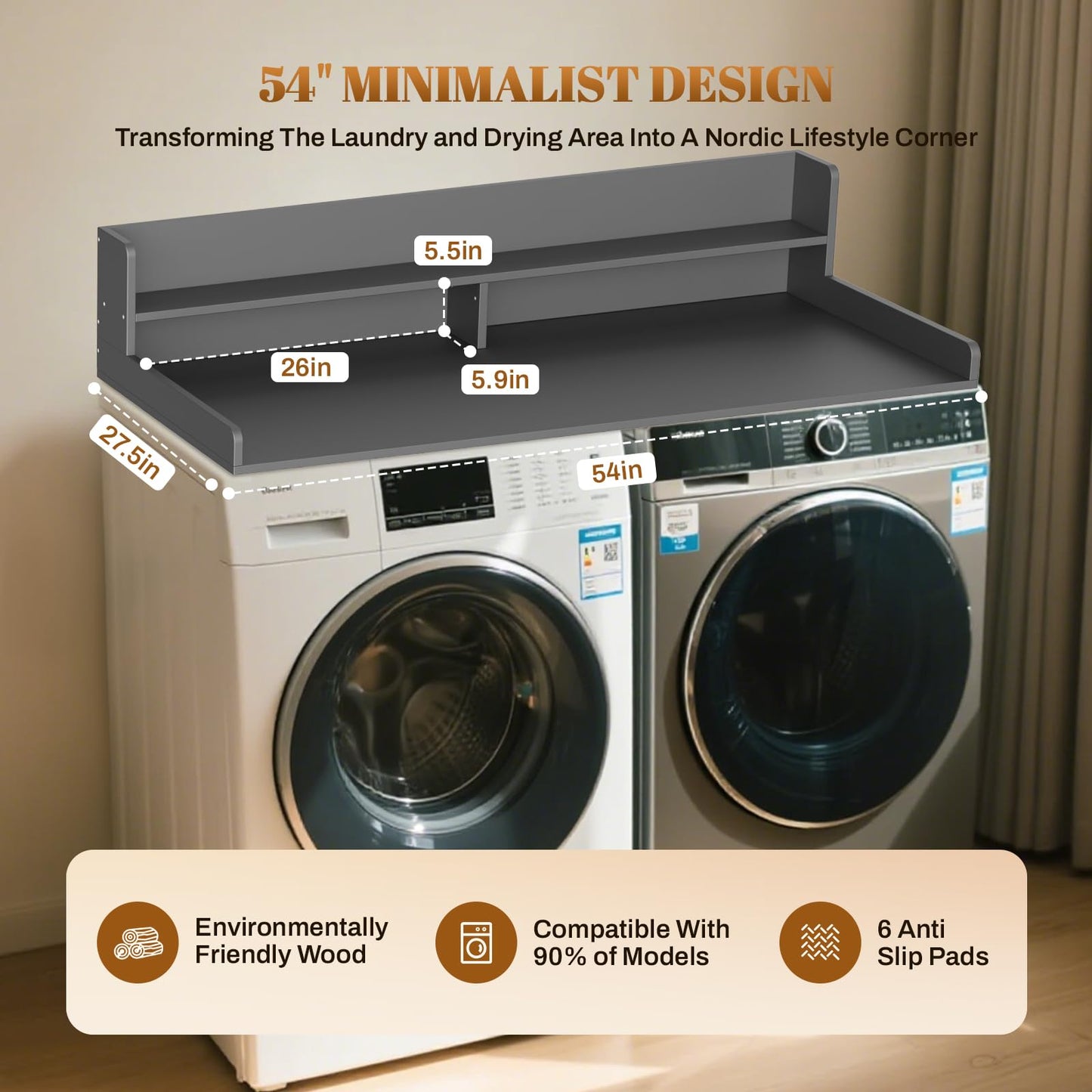GCCSJ 2-Tier Washer Dryer Countertop, 54" Width x 27.5" Depth Wood Shelf Topper with Edge & Non-Slip Pads for Laundry Room Organization Storage & Clothes Folding, Black