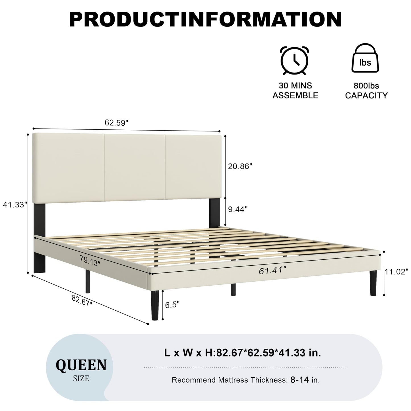IOILORI Queen Size Bed Frame with Upholstered Headboard, Sturdy Wood Slats, No Box Spring Required, Silent, Easy Assembly, Beige