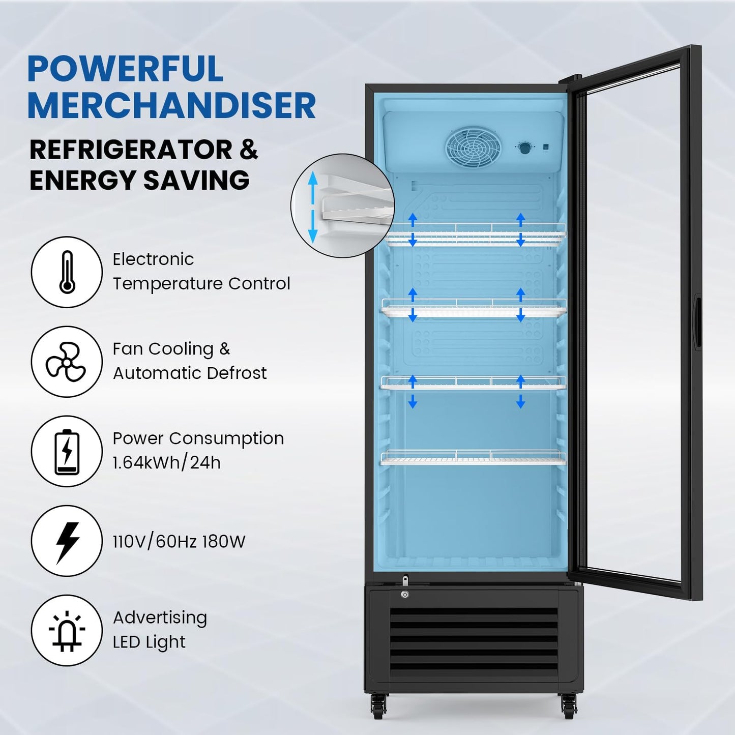 Mojgar 11 Cu Ft Commercial Refrigerators Single Door,Glass Door Merchandiser Display Beverage Fridge with Built-in LED Light,1.64kwh/24h Retail Cooler for Shop,Restaurant,Apartment,etc
