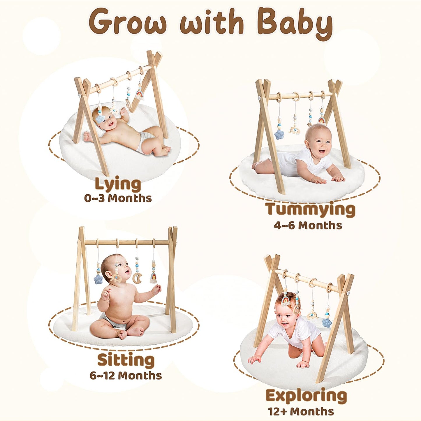 Wooden Baby Play Gym with Activity Mat, Foldable Baby Gym Frame with Hanging Sensory Toys for Newborn, Tummy Time Playground