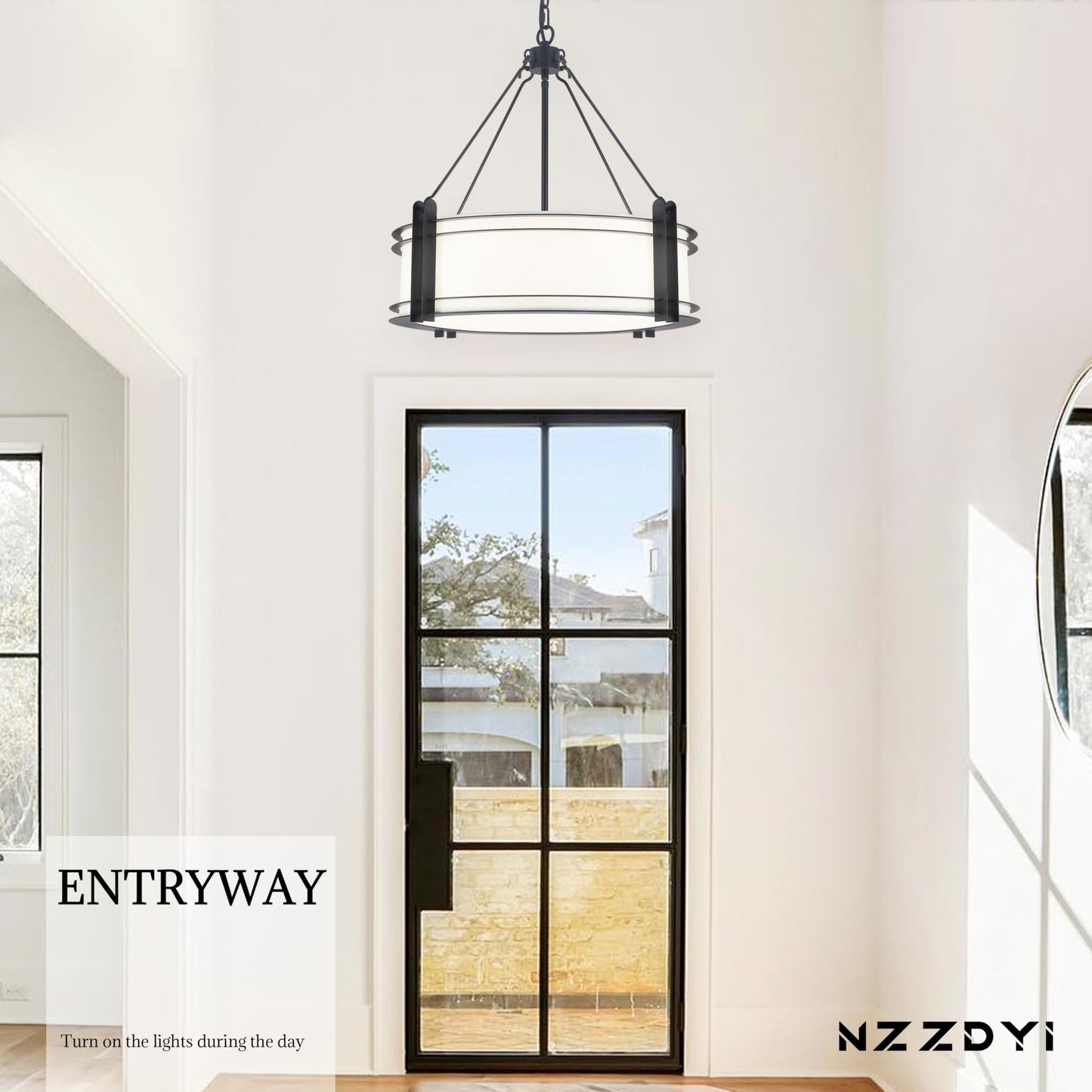 NZZDYI 20.4''Drum Chandelier,5-Light Fabric Modern Chandeliers,Black Farmhouse Round Pendant Light Fixture for Dining Room Kitchen Island Living Room Bedroom Hallway